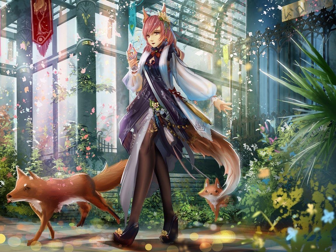 1160x870 Download wallpaper  girl, anime, fox, building, suit, Desktop