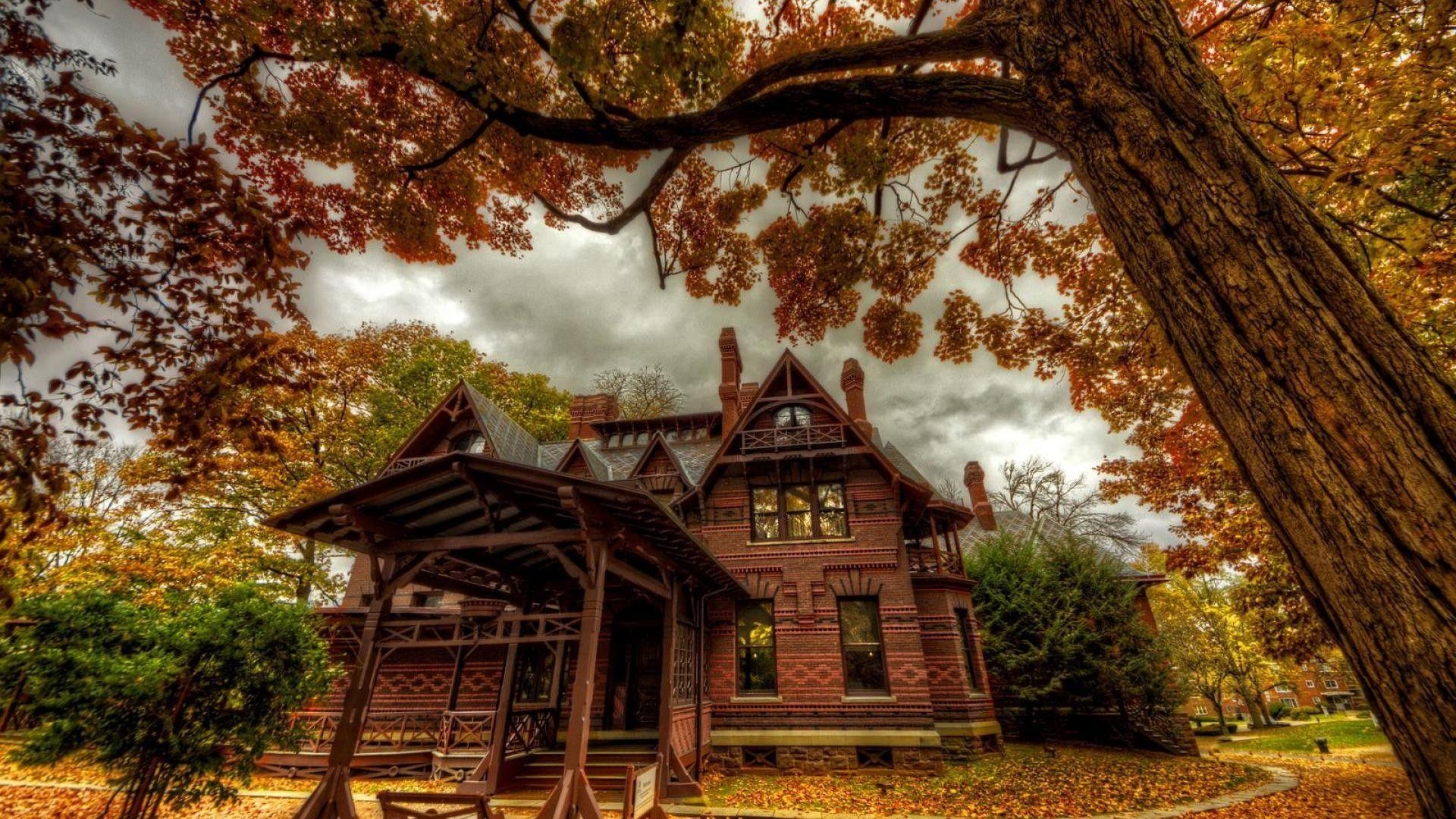 1920x1080 Houses: Mark Twain House Hartford Connecticut Autumn Museum Trees, Desktop