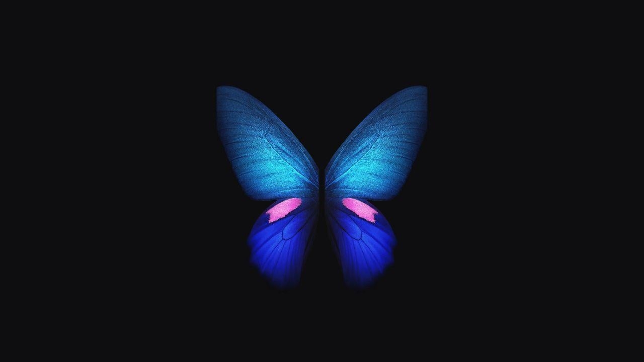 1280x720 Wallpaper Samsung Galaxy Fold, Blue, Butterfly, Stock, 4K, Creative, Desktop