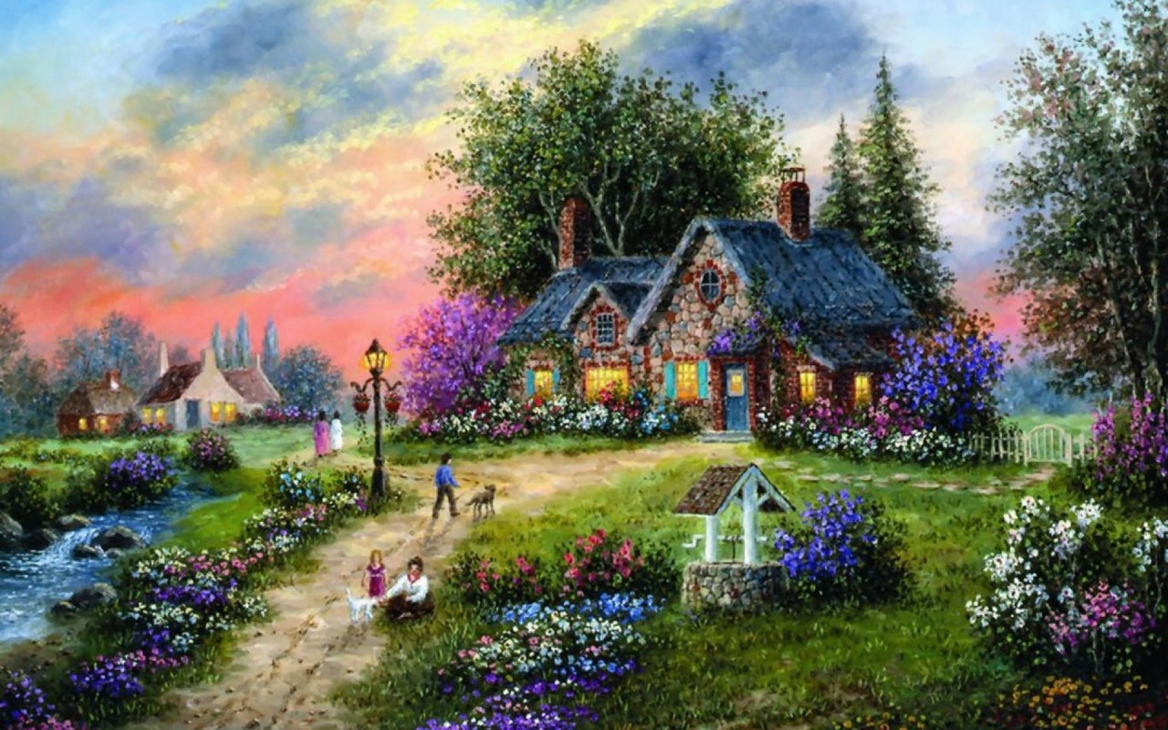 1280x800 Stony Brook Cottage Wallpaper House Scenery Painting, Desktop