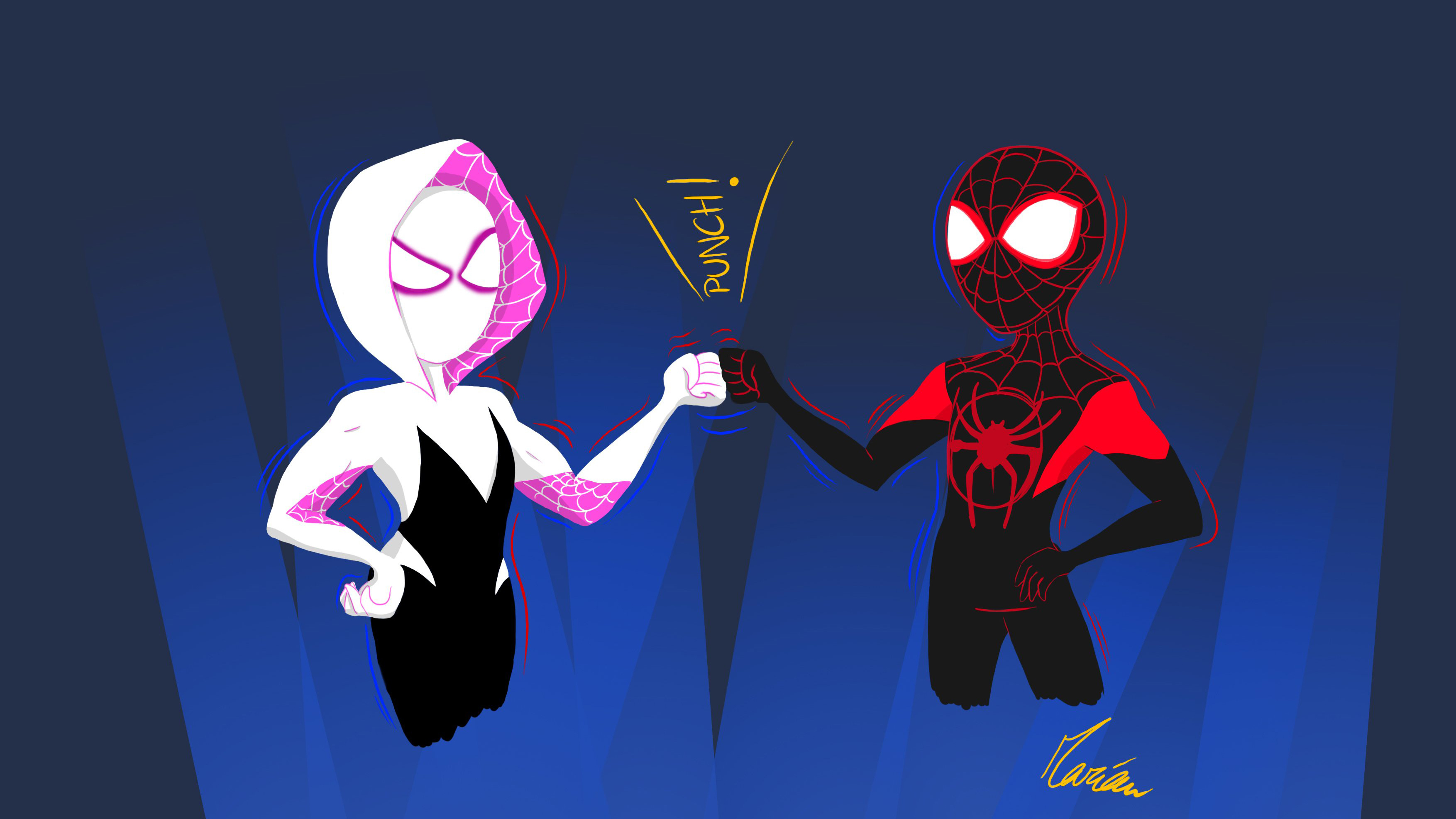 3510x1980 Spiderman And Gwen Punch Art, HD Superheroes, 4k Wallpaper, Image, Background, Photo and Picture, Desktop