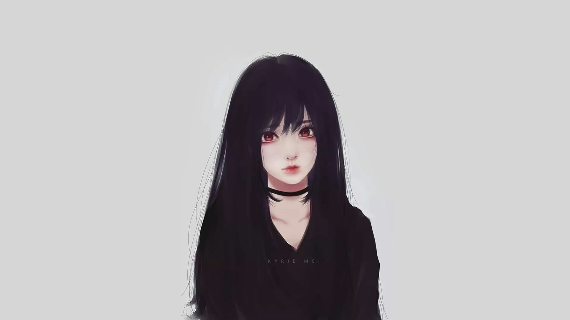 1920x1080 Wallpaper / anime, women, young women, copy space, Kyrie Meii, portrait, indoors, black hair, teenager, casual clothing, front view, bangs, contemplation, 1080P, white background free download, Desktop