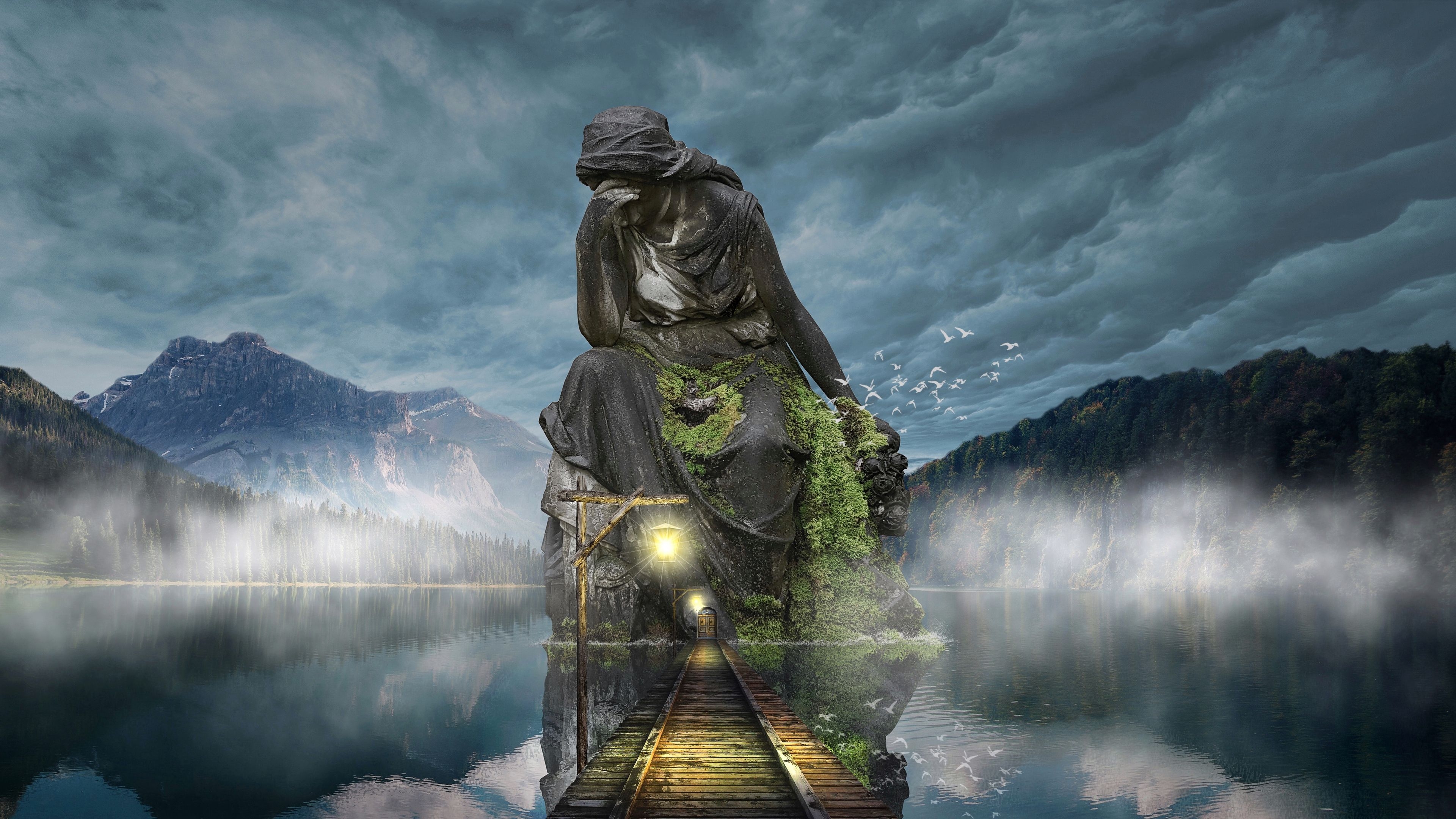 3840x2160 Wallpaper 4k sculpture, photohop, bridge, twilight, mountains, sky 4k bridge, photohop, sculpture, Desktop