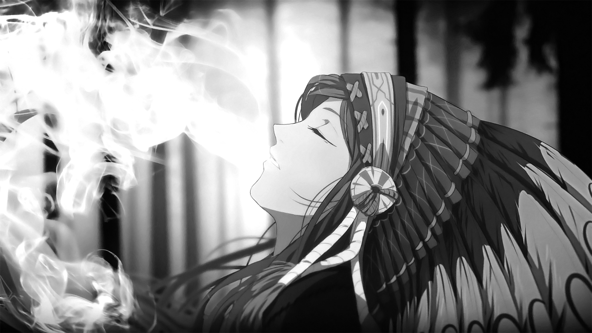 1920x1080 Download HD anime Girls, Smoke, Headdress, Monochrome, Anime, Desktop