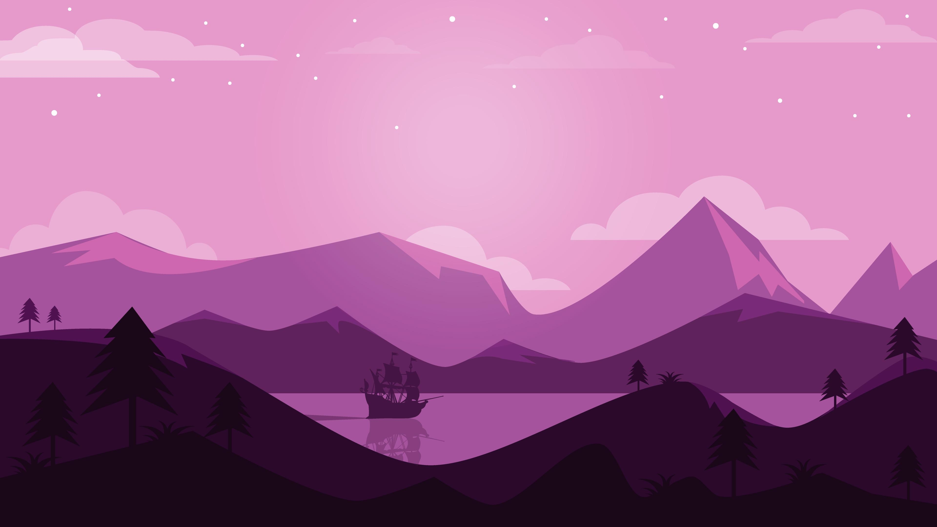 3840x2160 Wallpaper Mountains, Landscape, Panoramic, Purple, 4K, Minimal, Desktop