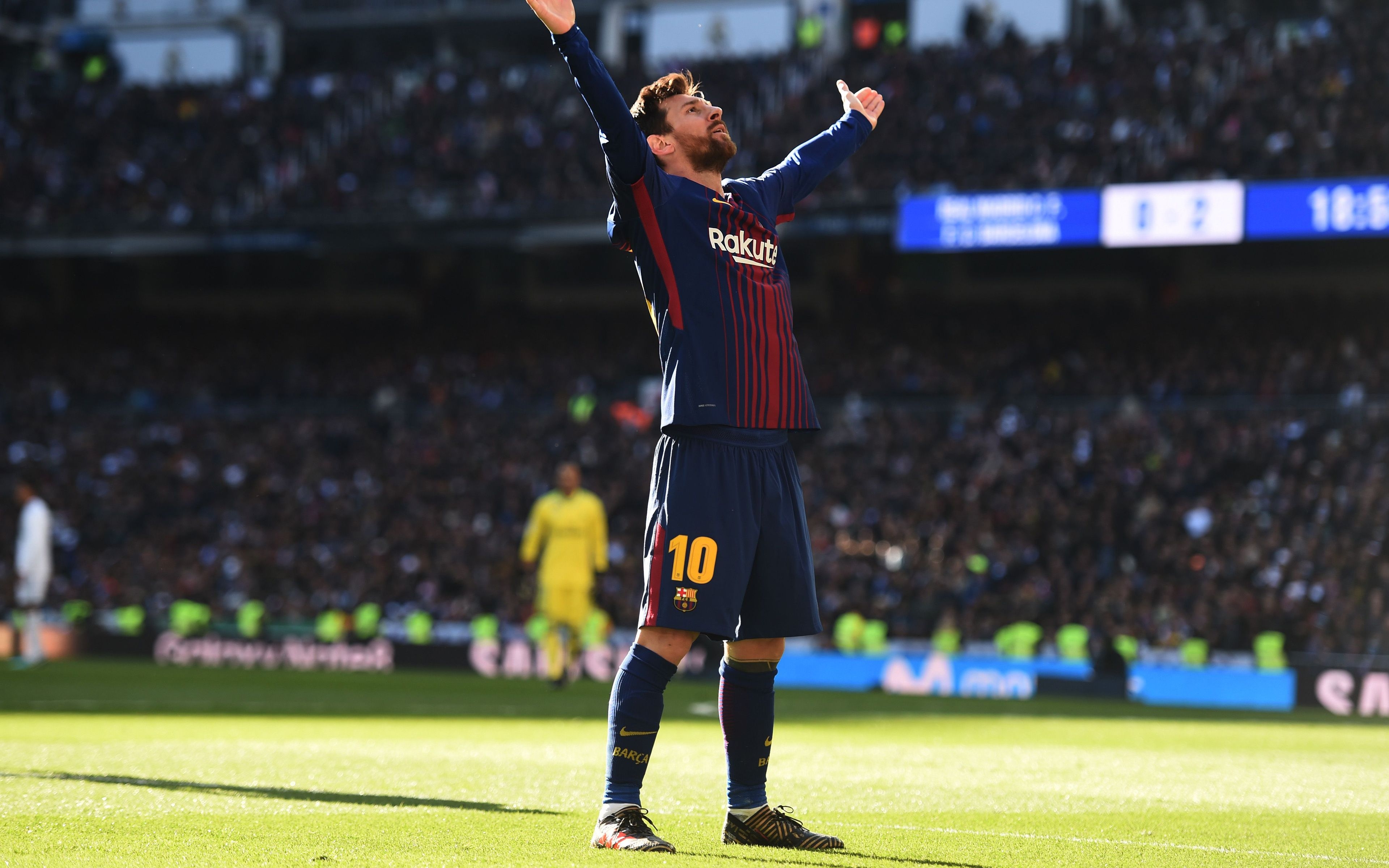 3840x2400 Download wallpaper Lionel Messi, 4k, goal, Barcelona, La Liga, Spain, Barca, Messi, football stadium, Leo Messi for desktop with resolution. High Quality HD picture wallpaper, Desktop