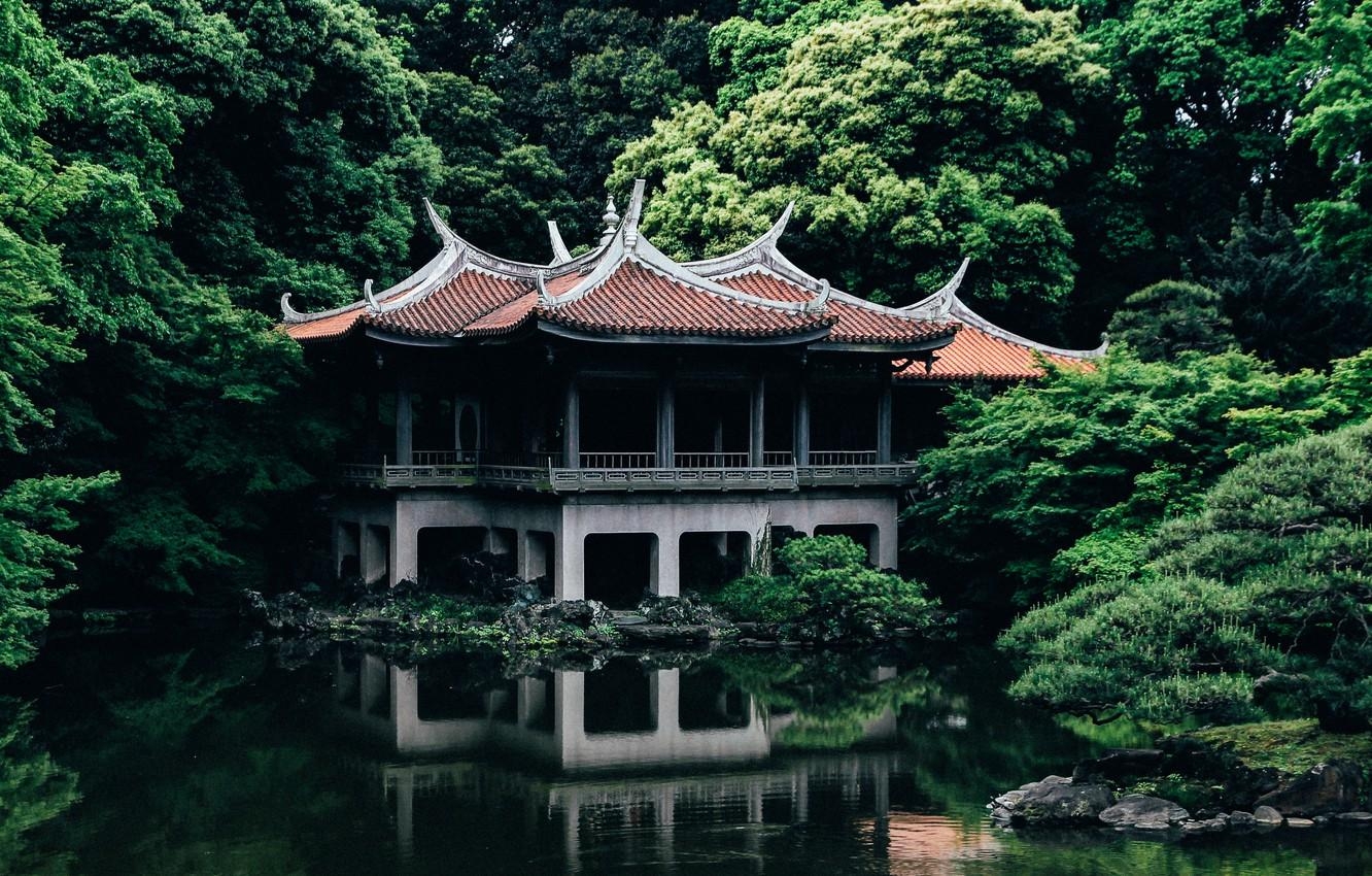 1340x850 Wallpaper Nature, Lake, Trees, Japan, Tokyo, Temple, Architecture, Desktop