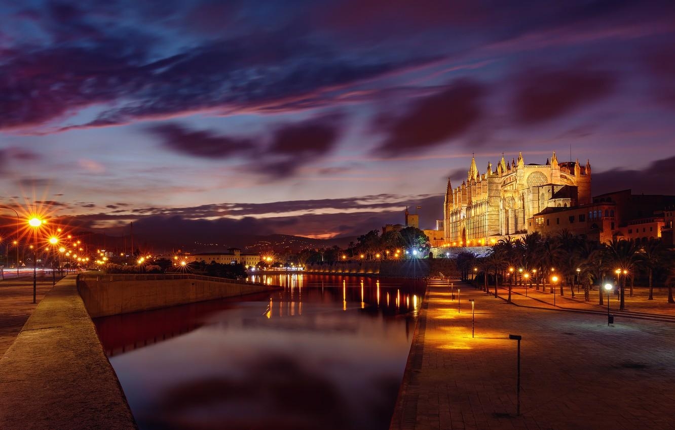 1340x850 Wallpaper night, lights, Spain, Mallorca, Palma de Mallorca image, Desktop