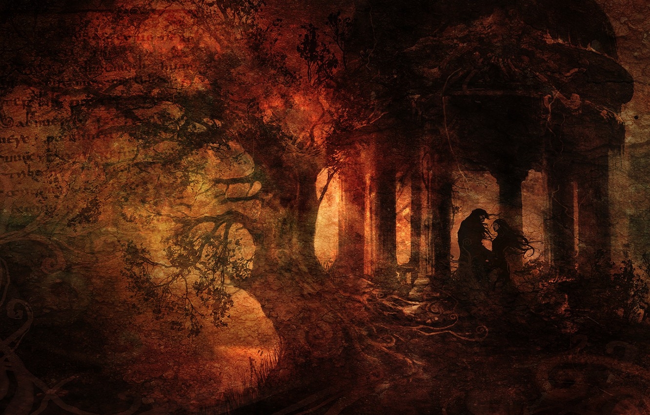 1340x850 Wallpaper forest, letter, girl, text, roots, tree, meeting, dark, scratches, guy, gazebo, 1920x grunge, Anime image for desktop, section разное, Desktop