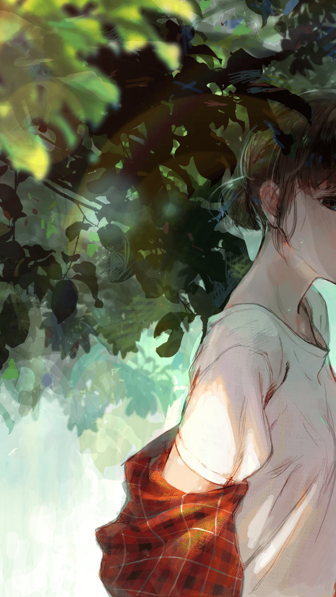 1080x1920 Download  Anime Girl, Leaves, Tree, Summer, Short, Phone