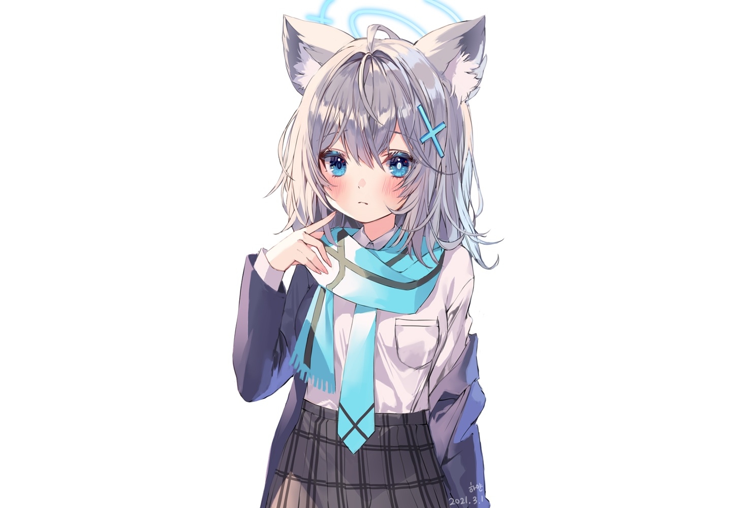 1480x1000 albinoraccoon animal ears aqua eyes blue archive blush foxgirl gray hair halo scarf school uniform shirt short hair signed skirt sunaookami shiroko tie white. konachan.com.com Anime Wallpaper, Desktop