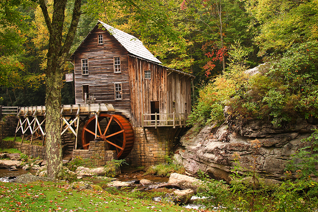 1280x860 Desktop Wallpaper USA Trunk tree Glade Creek Grist Mill Babcock, Desktop