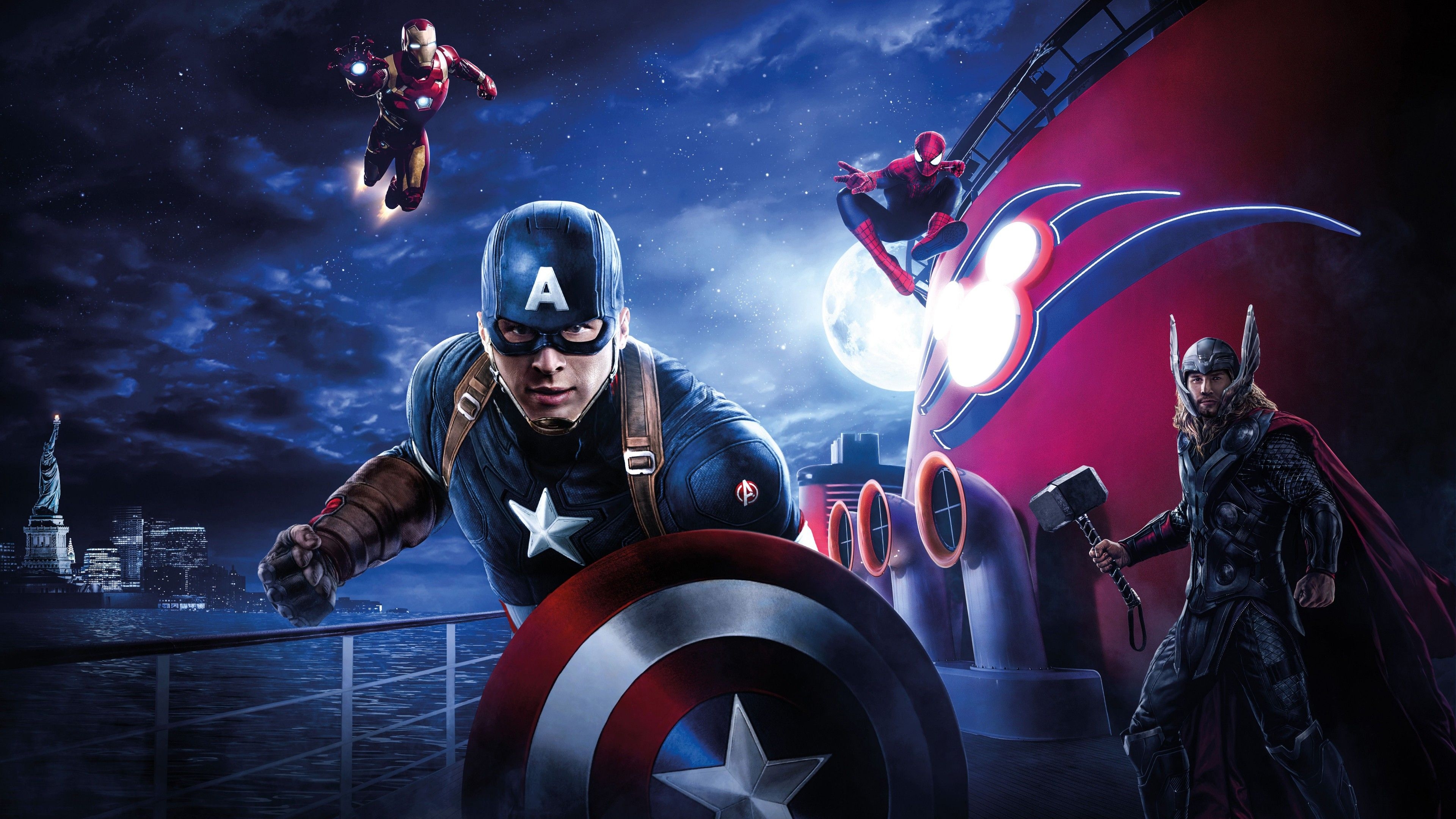 3840x2160 Marvel Day At Sea Iron Man Captain America Spider Man 4K 8K, Desktop