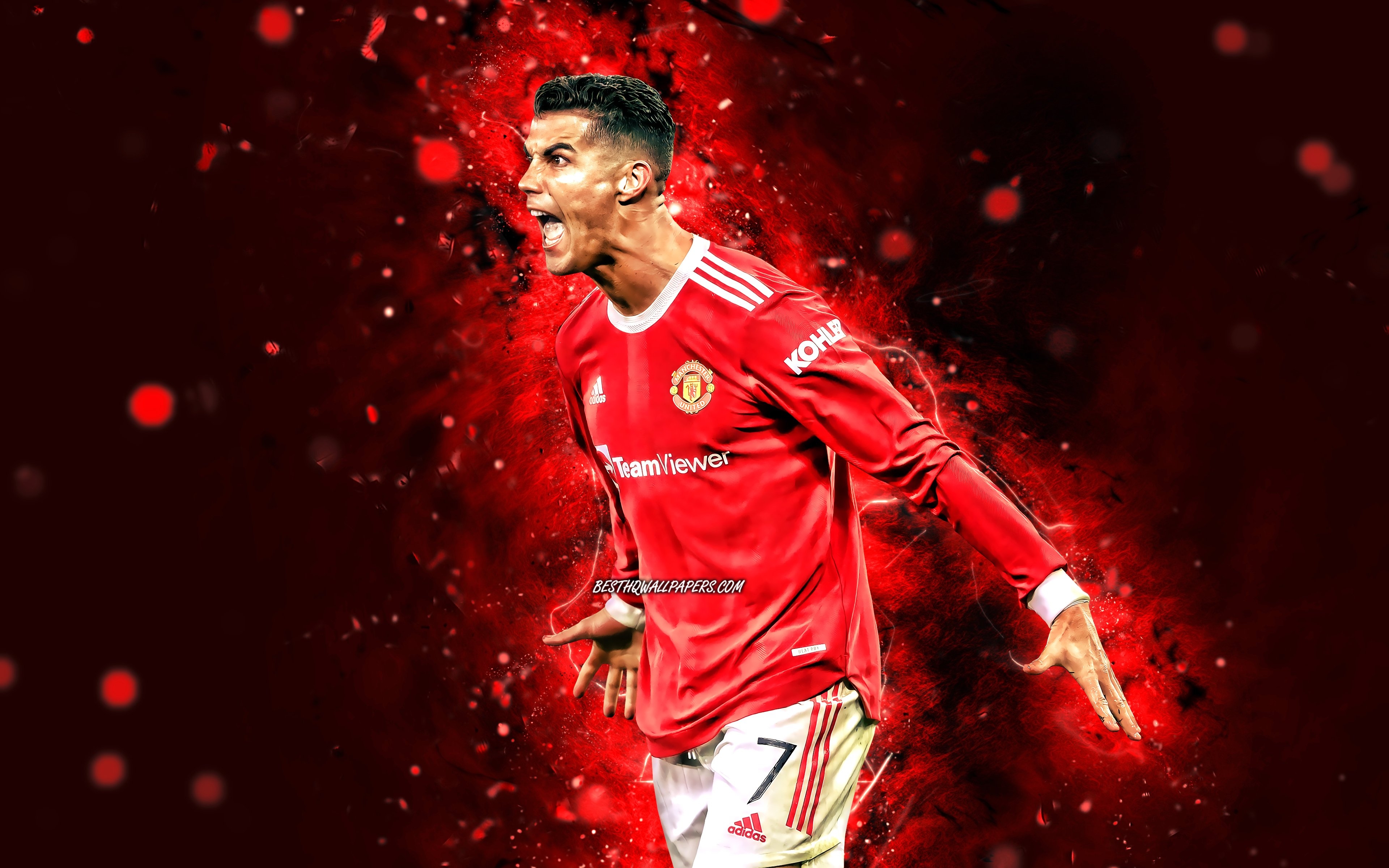 3840x2400 Download wallpaper Cristiano Ronaldo, 4k, goal, Manchester United, red neon lights, football stars, CR joy, Manchester United FC, Cristiano Ronaldo 4K, Cristiano Ronaldo Manchester United, CR7 Man United for desktop with resolution, Desktop