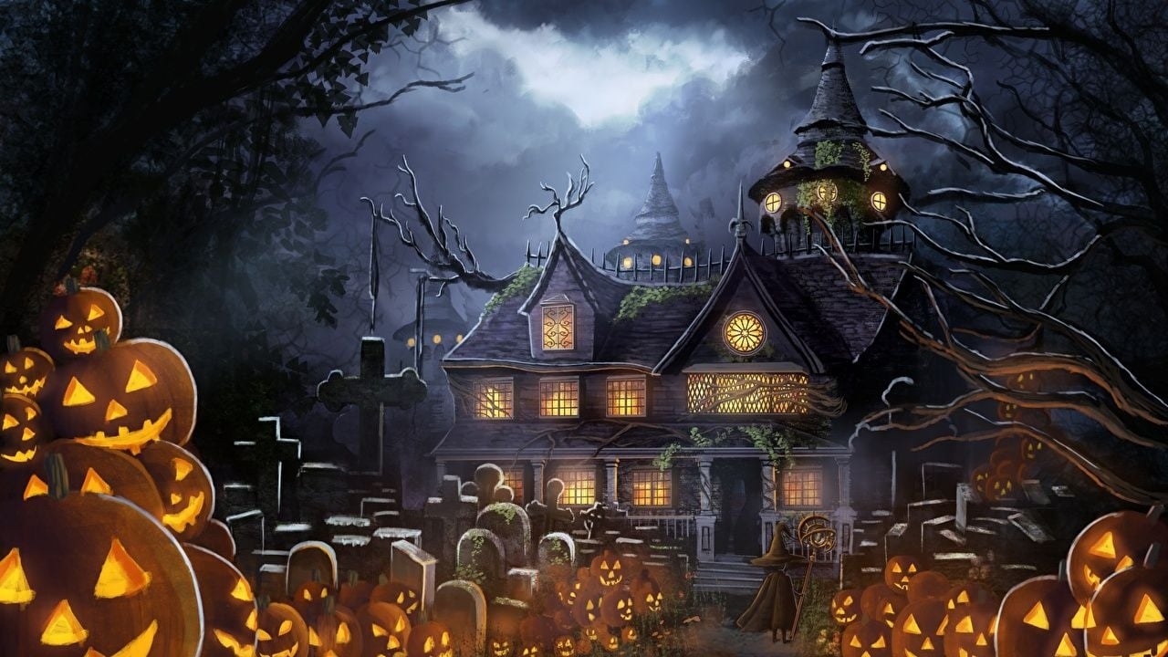 1280x720 Wallpaper graveyard Anime Pumpkin Fantasy Halloween Houses Holidays, Desktop