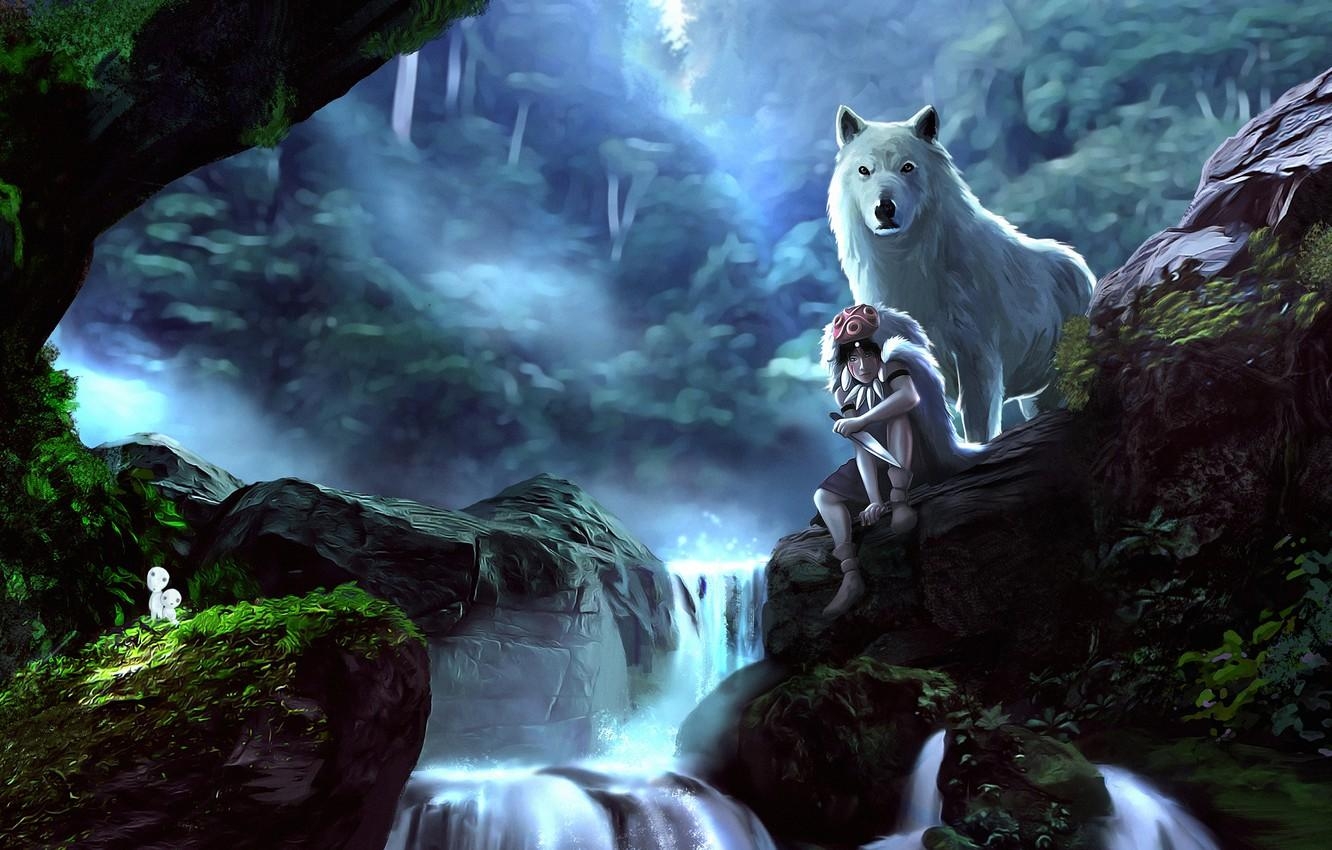 1340x850 Wallpaper forest, girl, stones, wolf, art, princess mononoke image for desktop, section арт, Desktop