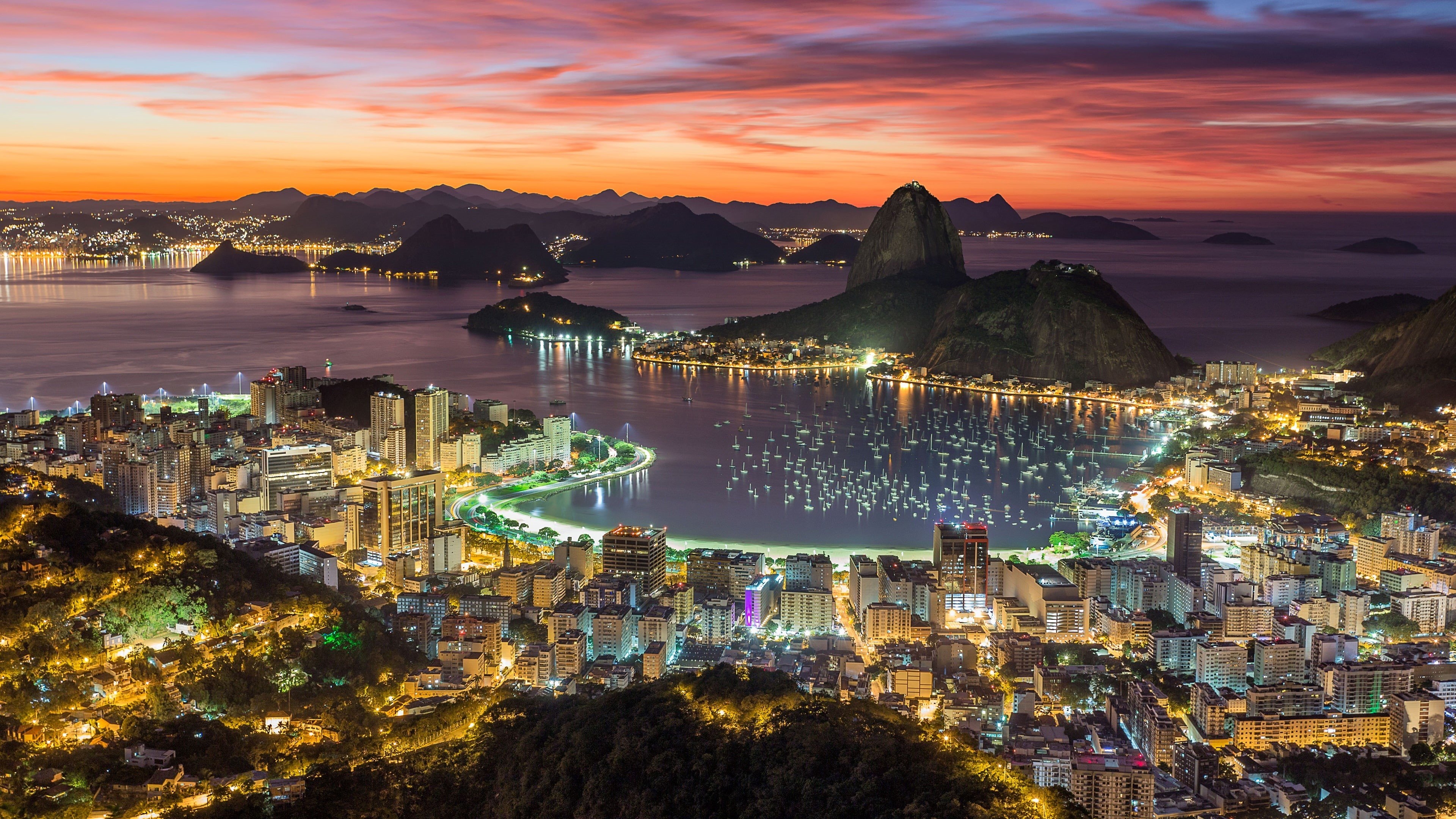 3840x2160 Wallpaper / morning, bay, skyline, botafogo beach, sunrise, cityscape, sea, sugar loaf mountain, tourist attraction, south america, 4K, harbor, rio de janeiro, city lights free download, Desktop