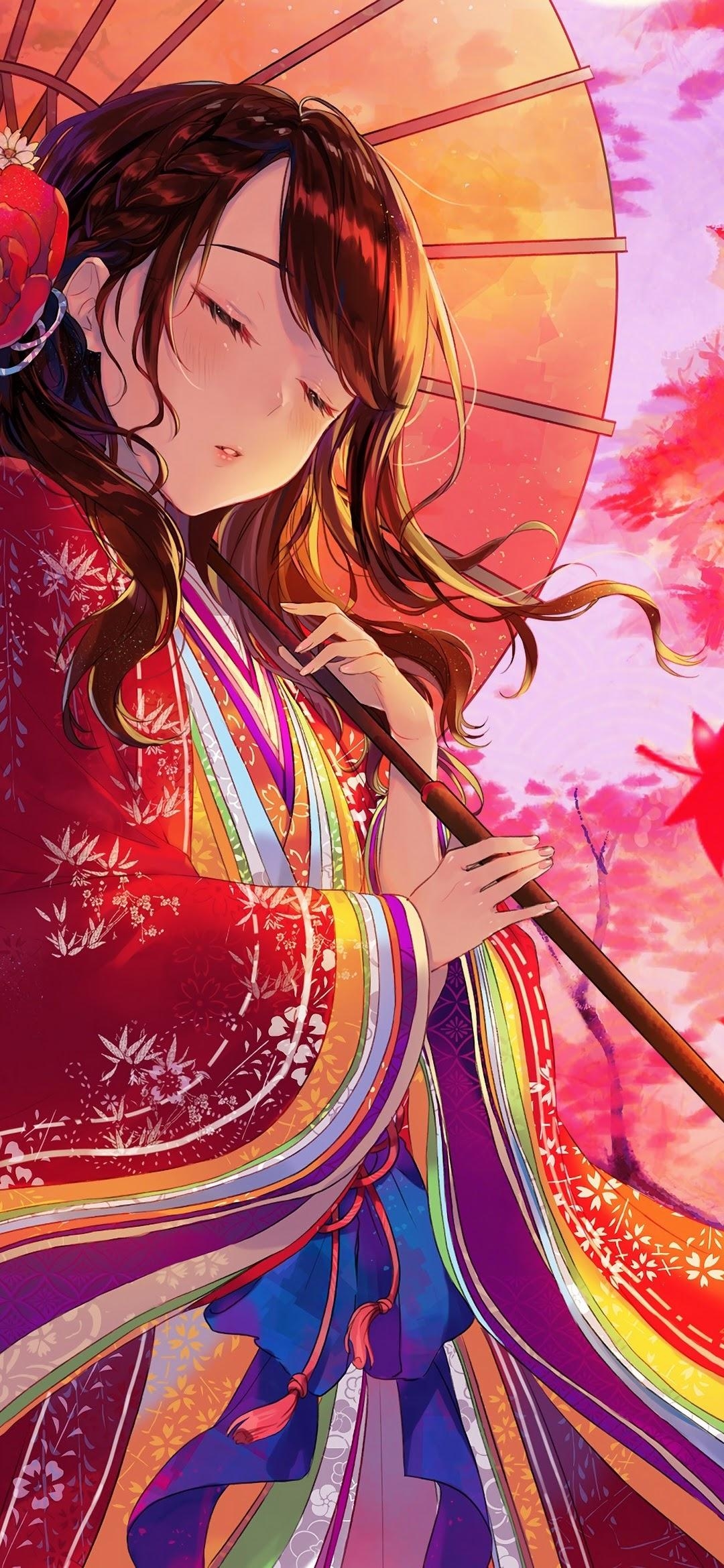 1080x2340 Anime Girl Kimono Maple Trees Autumn 4K Wallpaper, Phone