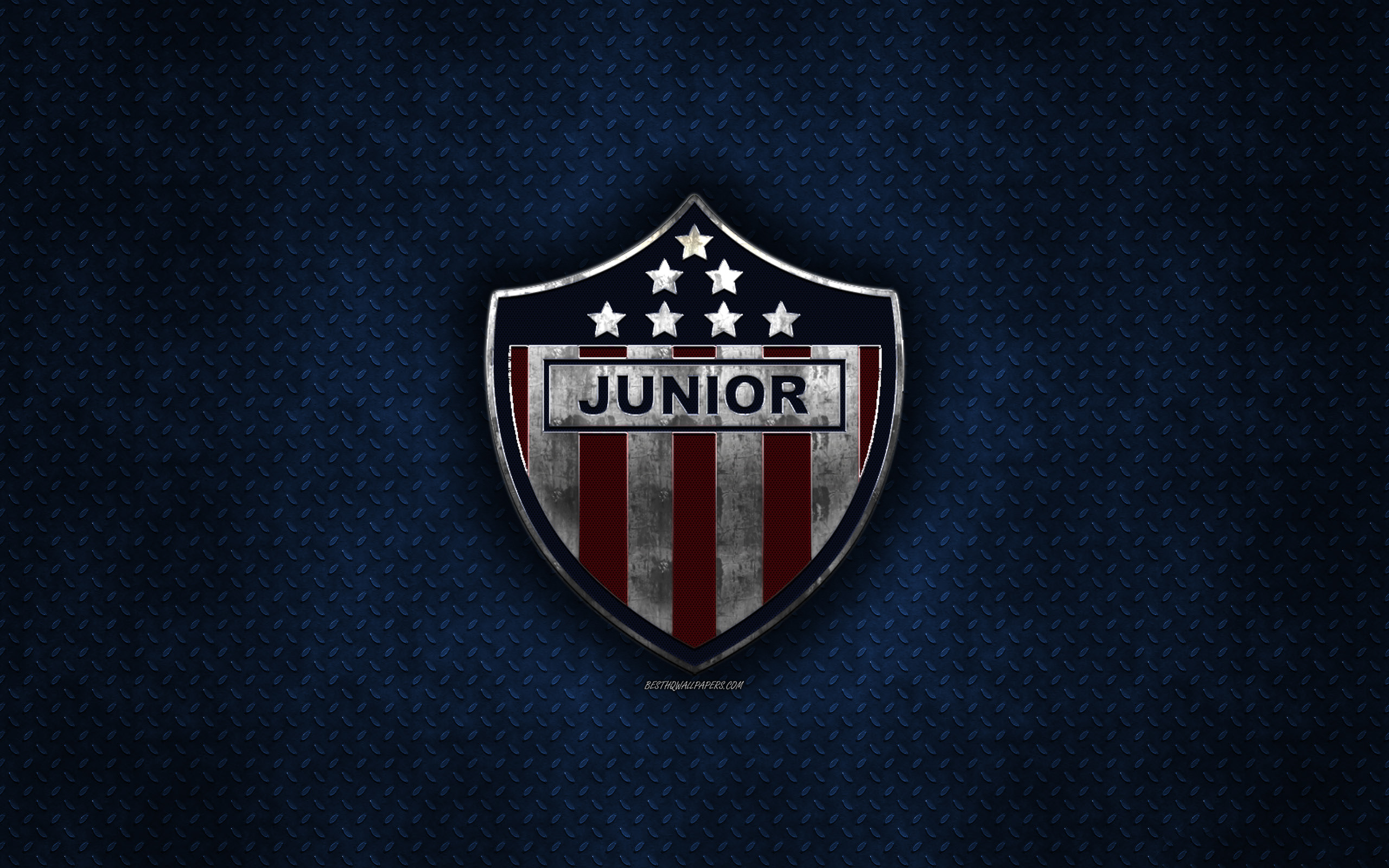 2560x1600 Download wallpaper Atletico Junior, Club Deportivo Popular Junior, Colombian football club, blue metal texture, metal logo, emblem, Barranquilla, Colombia, Liga Aguila, creative art, football, Junior Barranquilla for desktop with resolution, Desktop