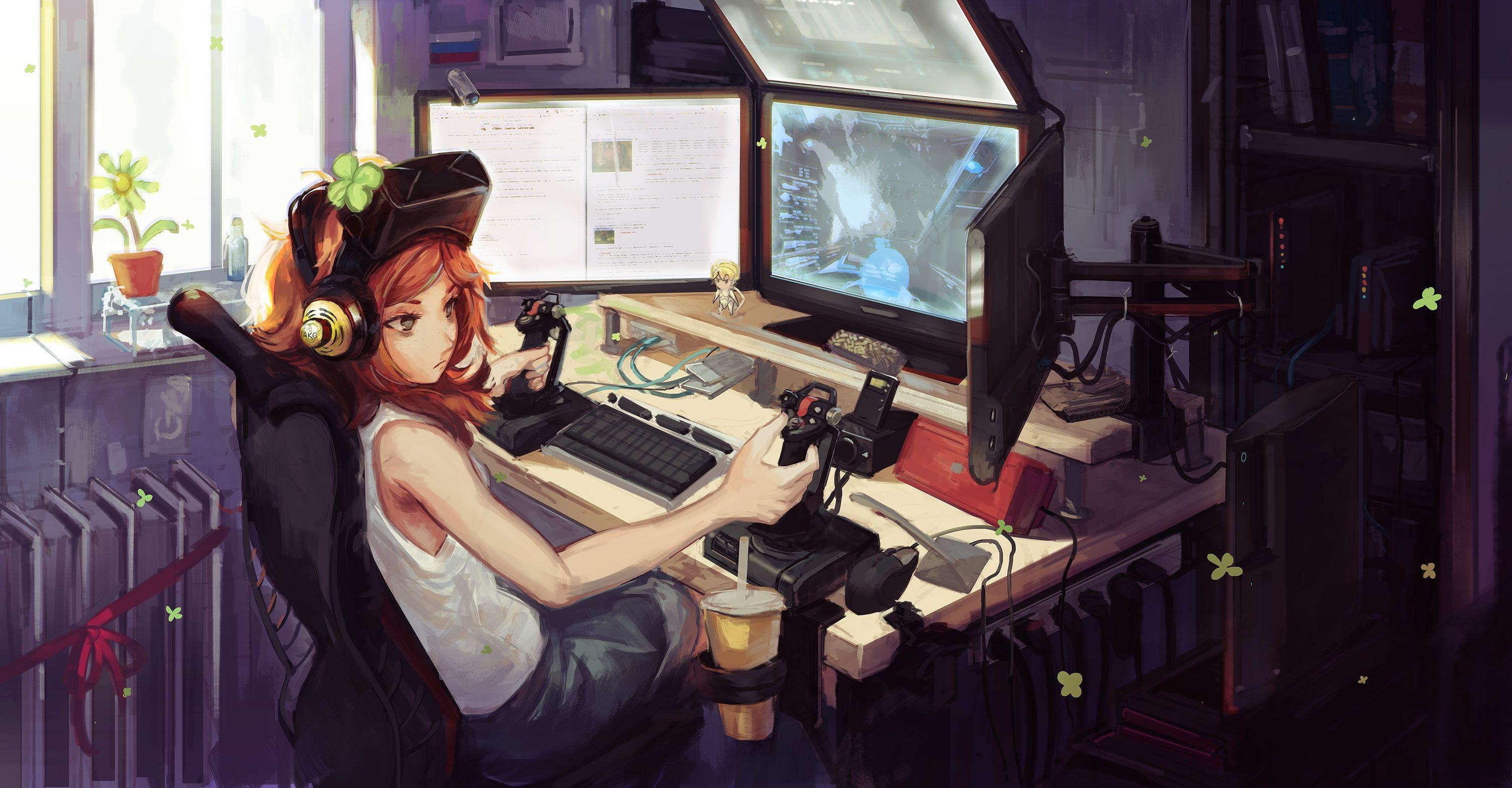 3010x1570 Gamer Girl wallpaper. สาวอนิเมะ, อะนิเมะ, เทคนิคการวาดภาพ, Desktop