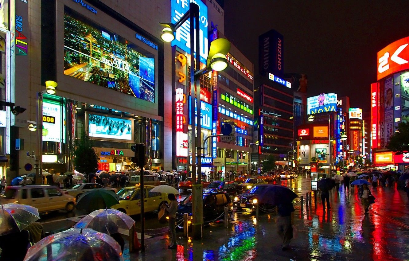 1340x850 Wallpaper machine, people, rain, street, Tokyo, Japan image, Desktop