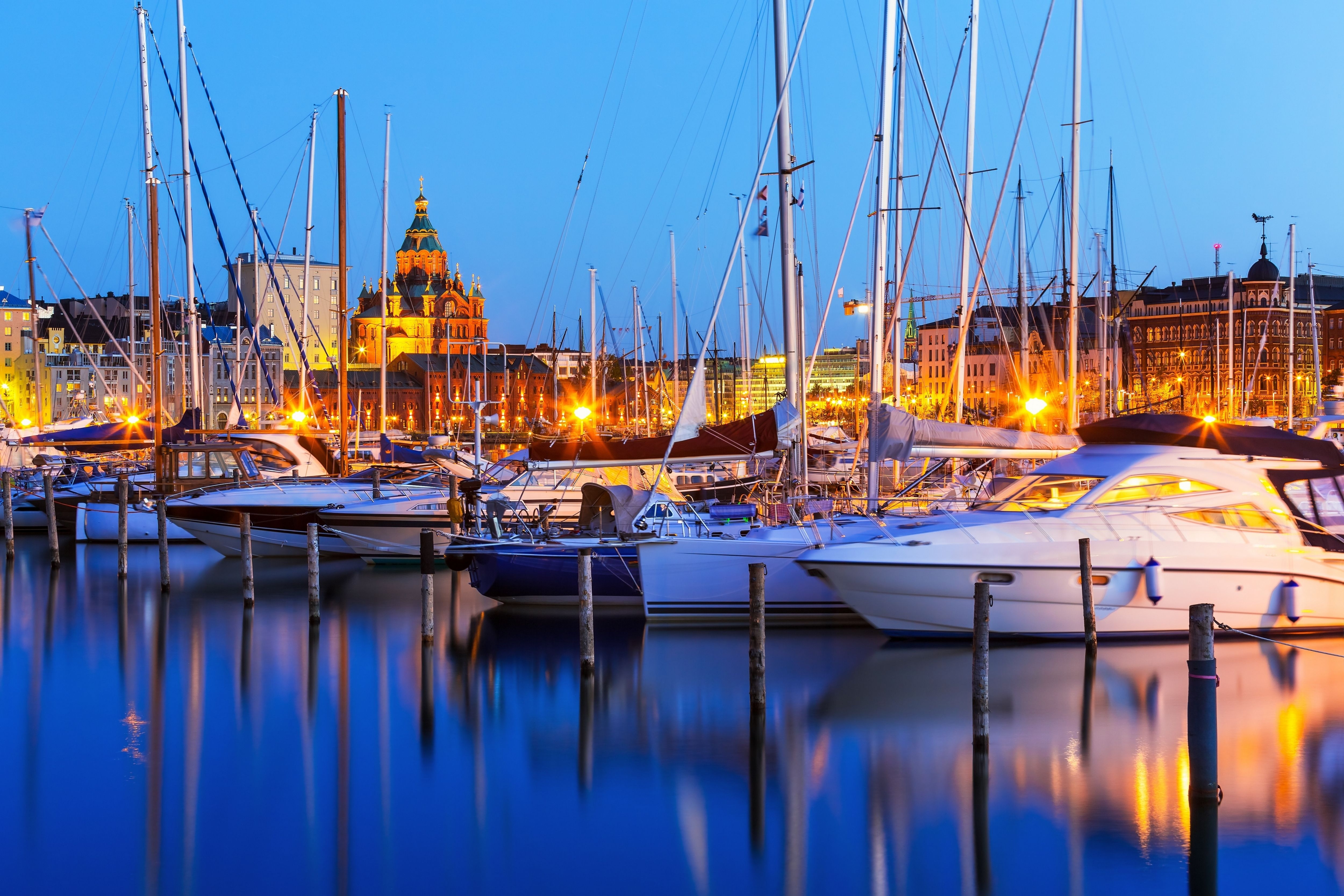 5000x3340 Wallpaper Night city, port, yachts, Finland, Helsinki, harbor, river, Desktop