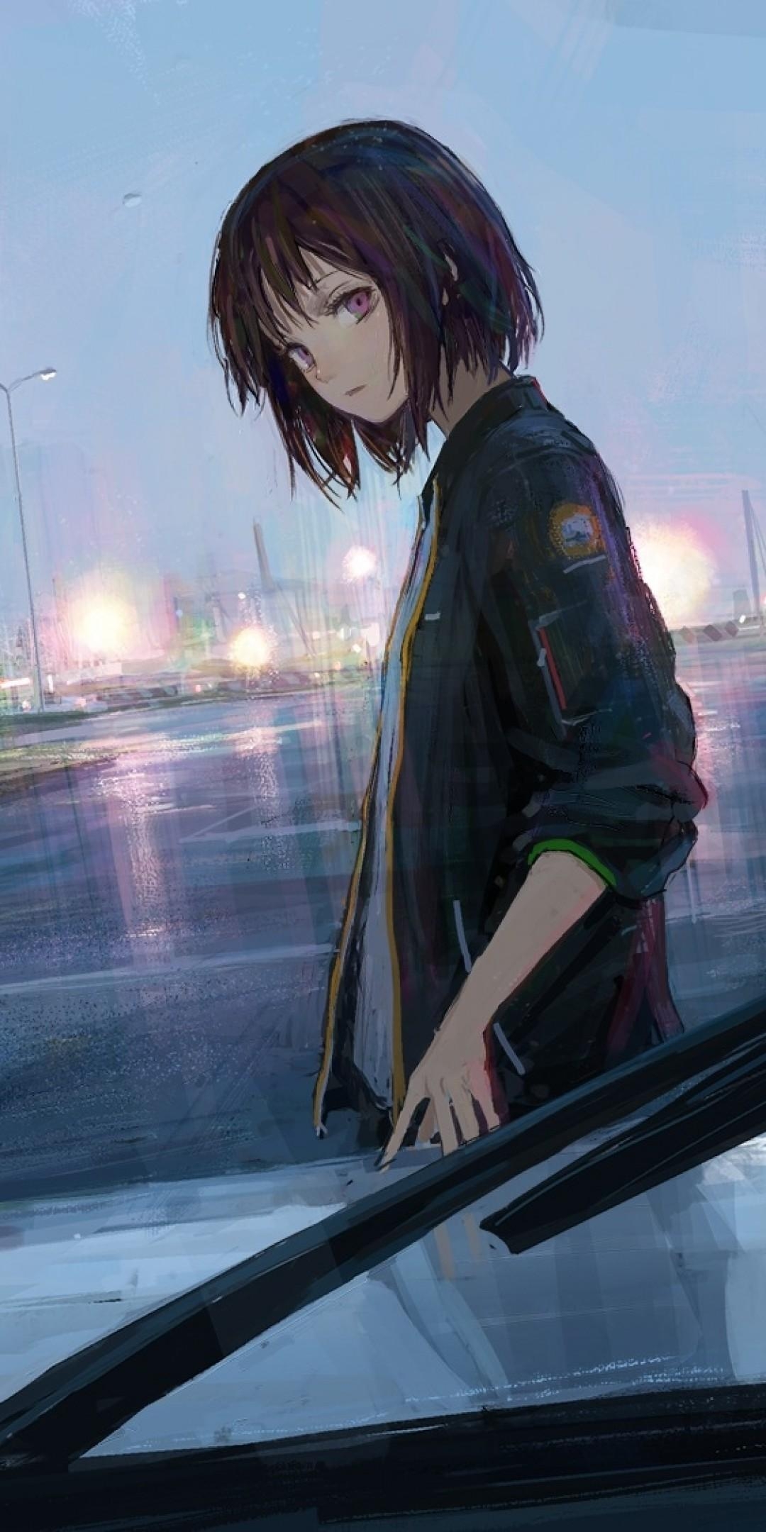 1080x2160 Download  Anime Girl, Cars, Painting, Road, Lights, Short, Phone