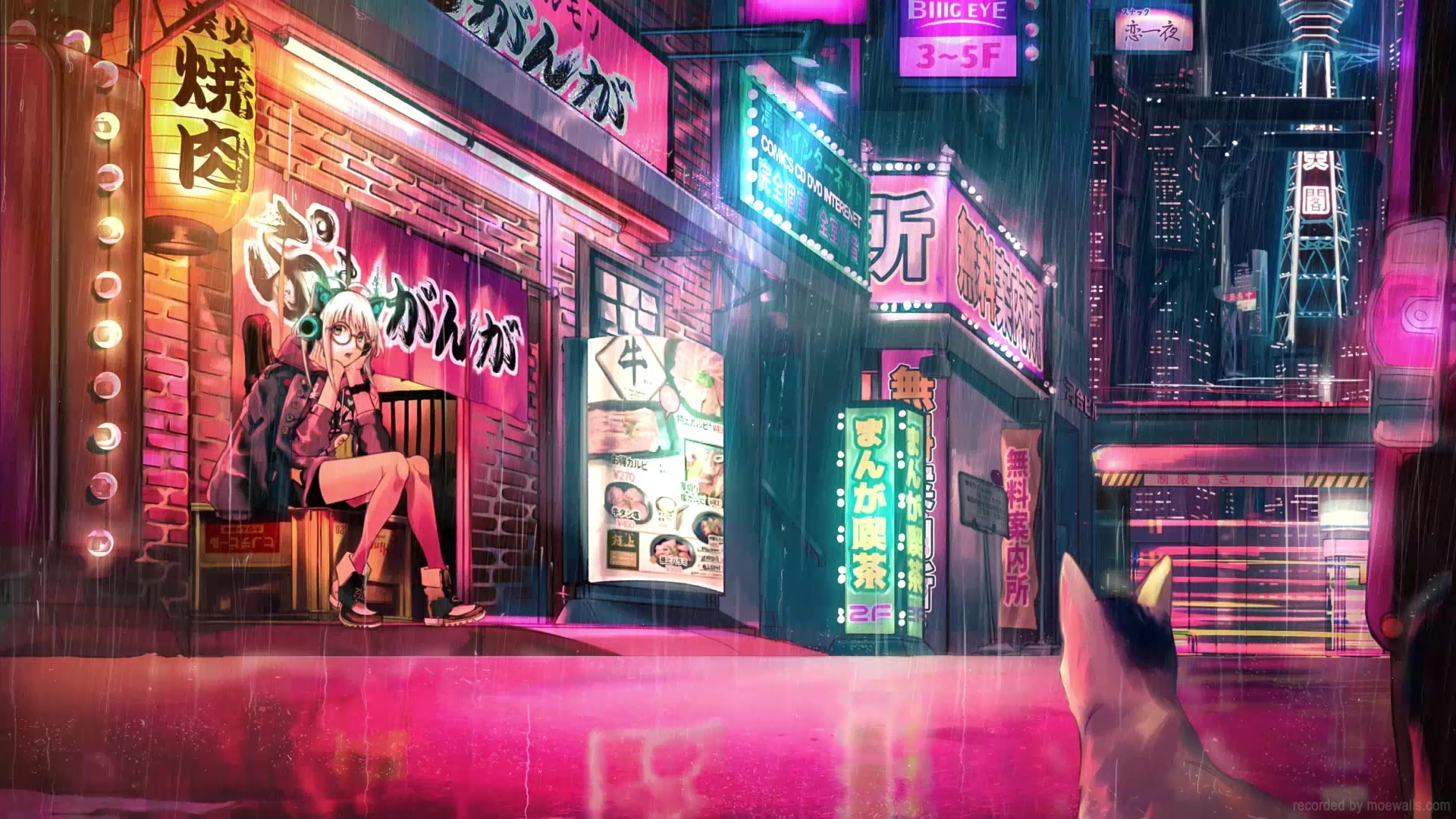 1920x1080 Cyberpunk Anime Girl And Cat In The Rain Live Wallpaper, Desktop