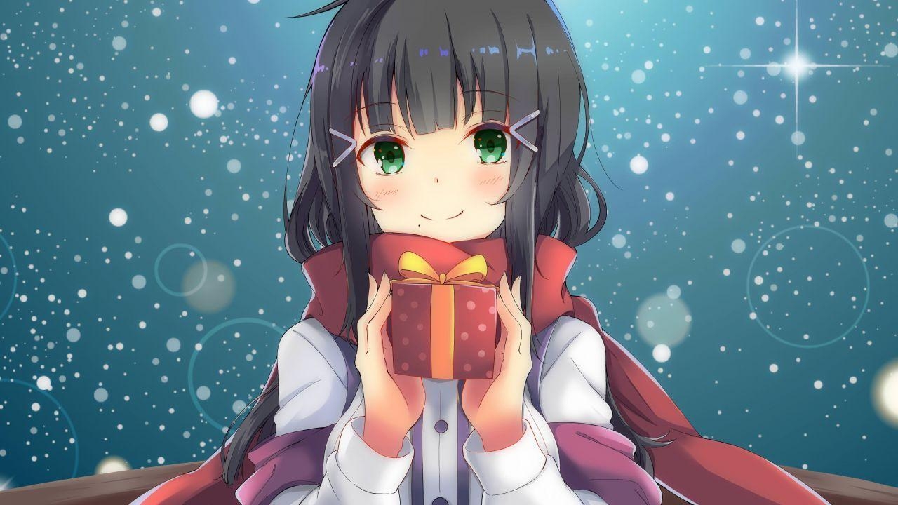 1280x720 Wallpaper Anime girl, Xmas gift, Winter, HD, 4K, Desktop