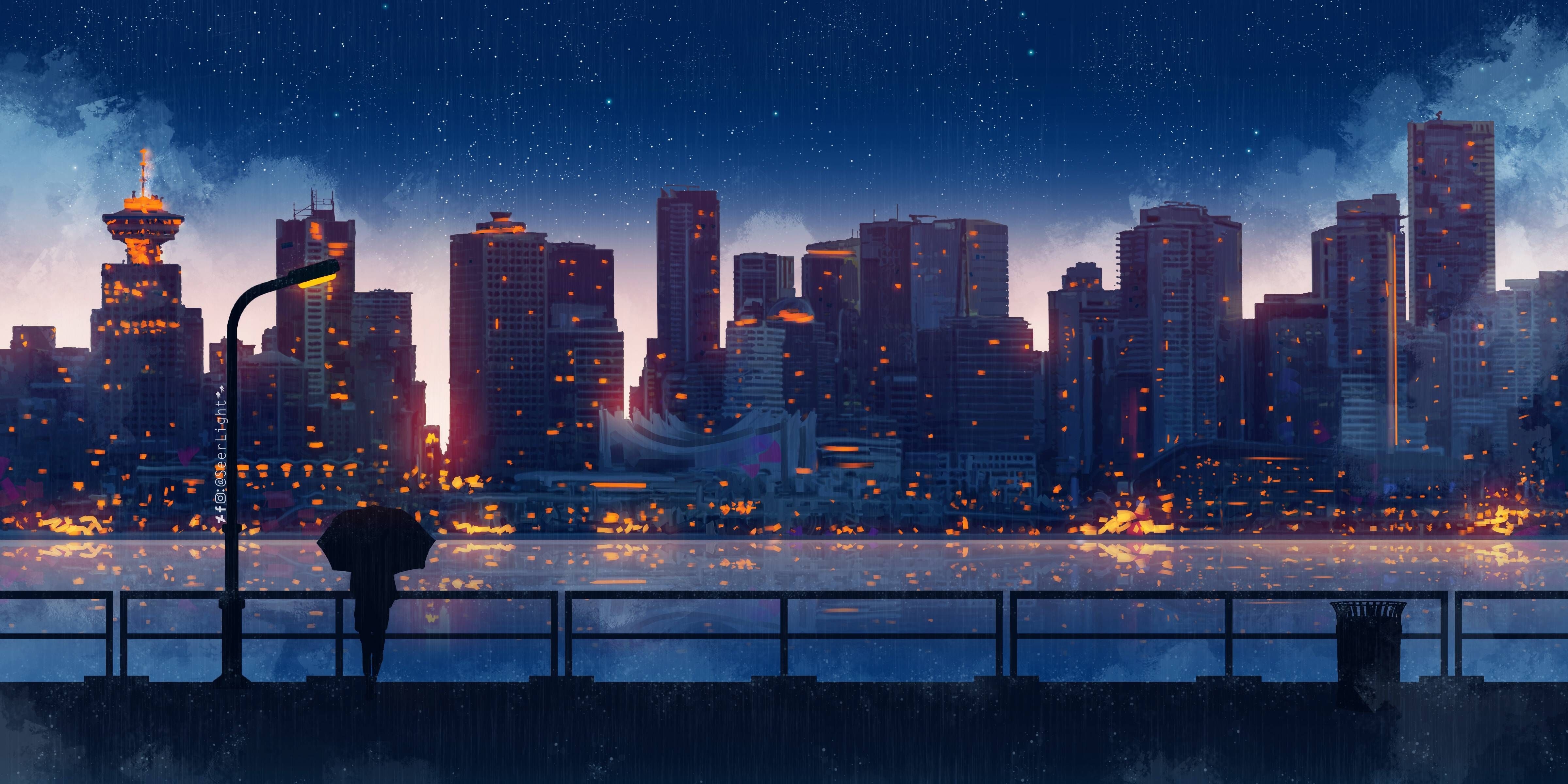 4800x2400 A Rainy Night []. Anime city, Night scenery, Anime scenery wallpaper, Dual Screen
