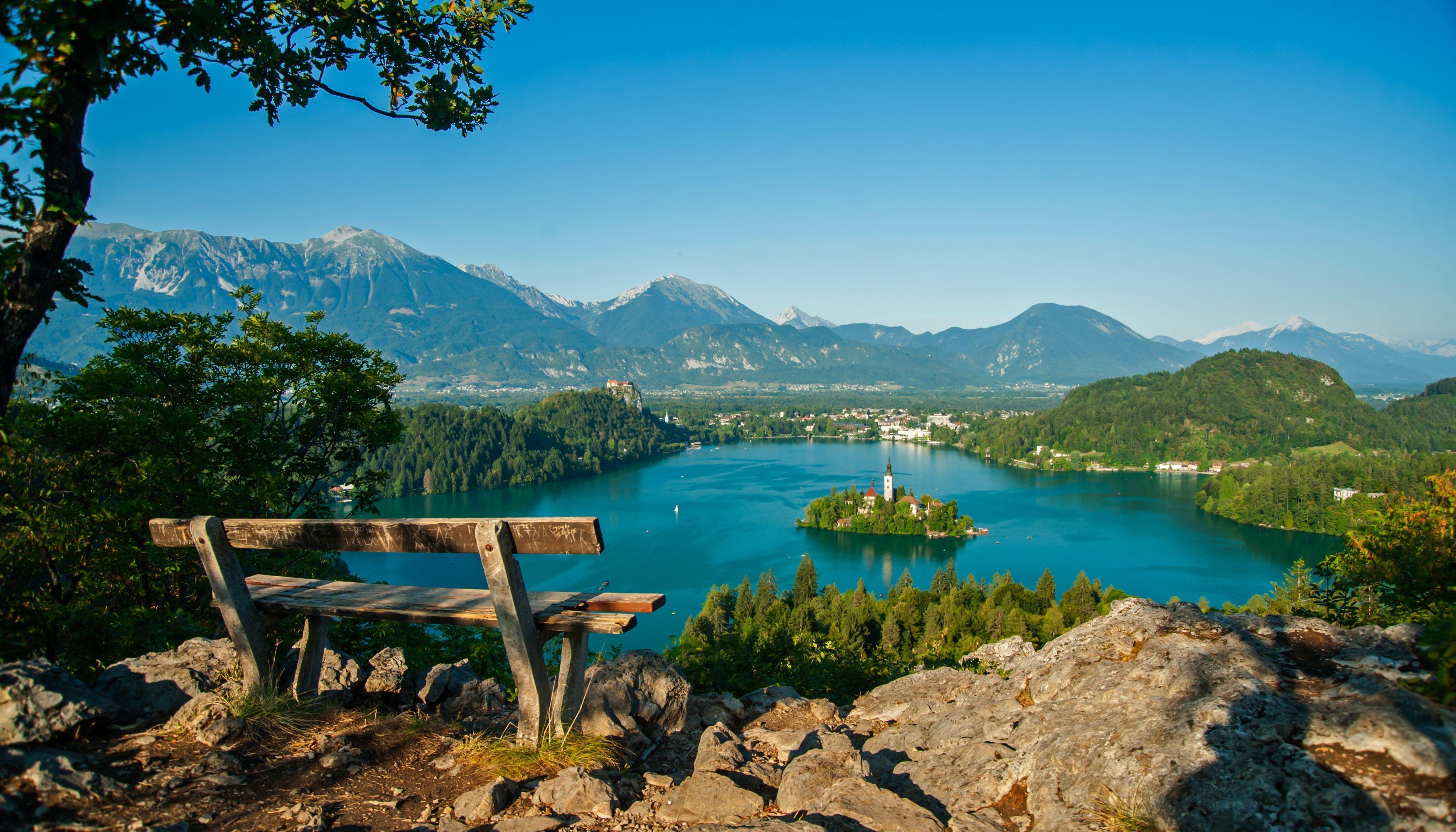 4180x2390 Lake Bled, Mountains, Tree, Bench, Bled, Slovenia Wallpaper HD, Desktop