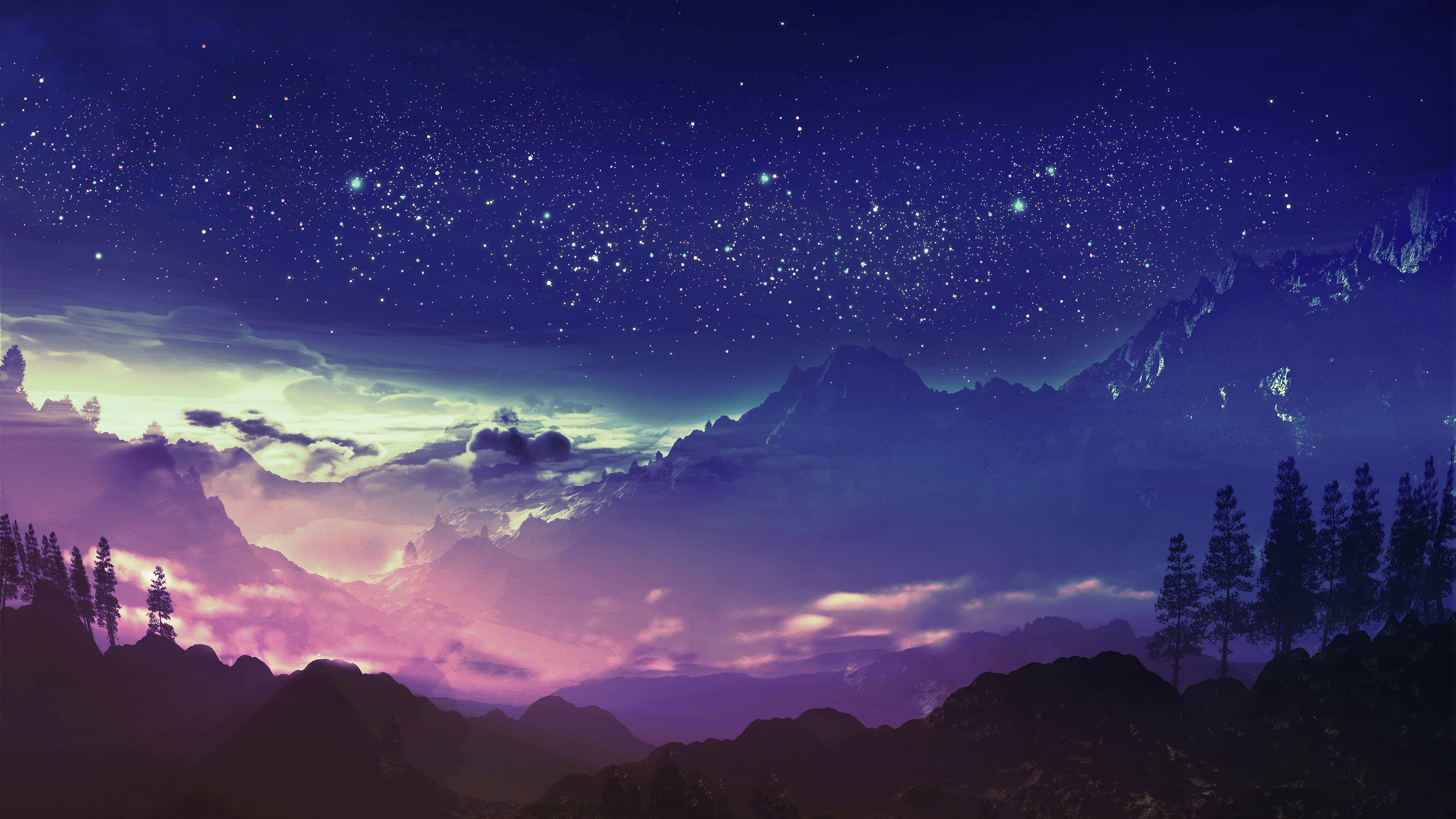 3840x2160 Mountain Night Scenery Stars Landscape Anime 4K Wallpaper, Desktop