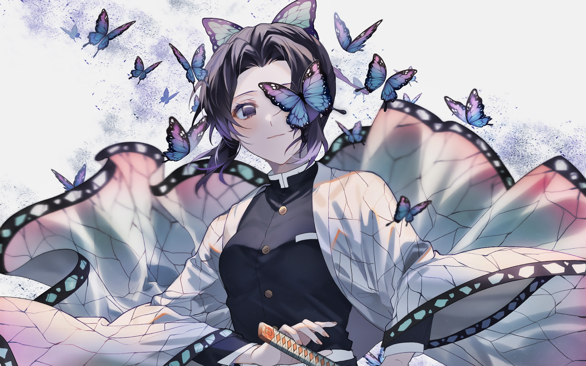 1920x1200 Download wallpaper Shinobu Kochou, butterflies, Kimetsu no Yaiba, Demon Hunter, manga, kimono, artwork, Kocho Shinobu for desktop with resolution. High Quality HD picture wallpaper, Desktop