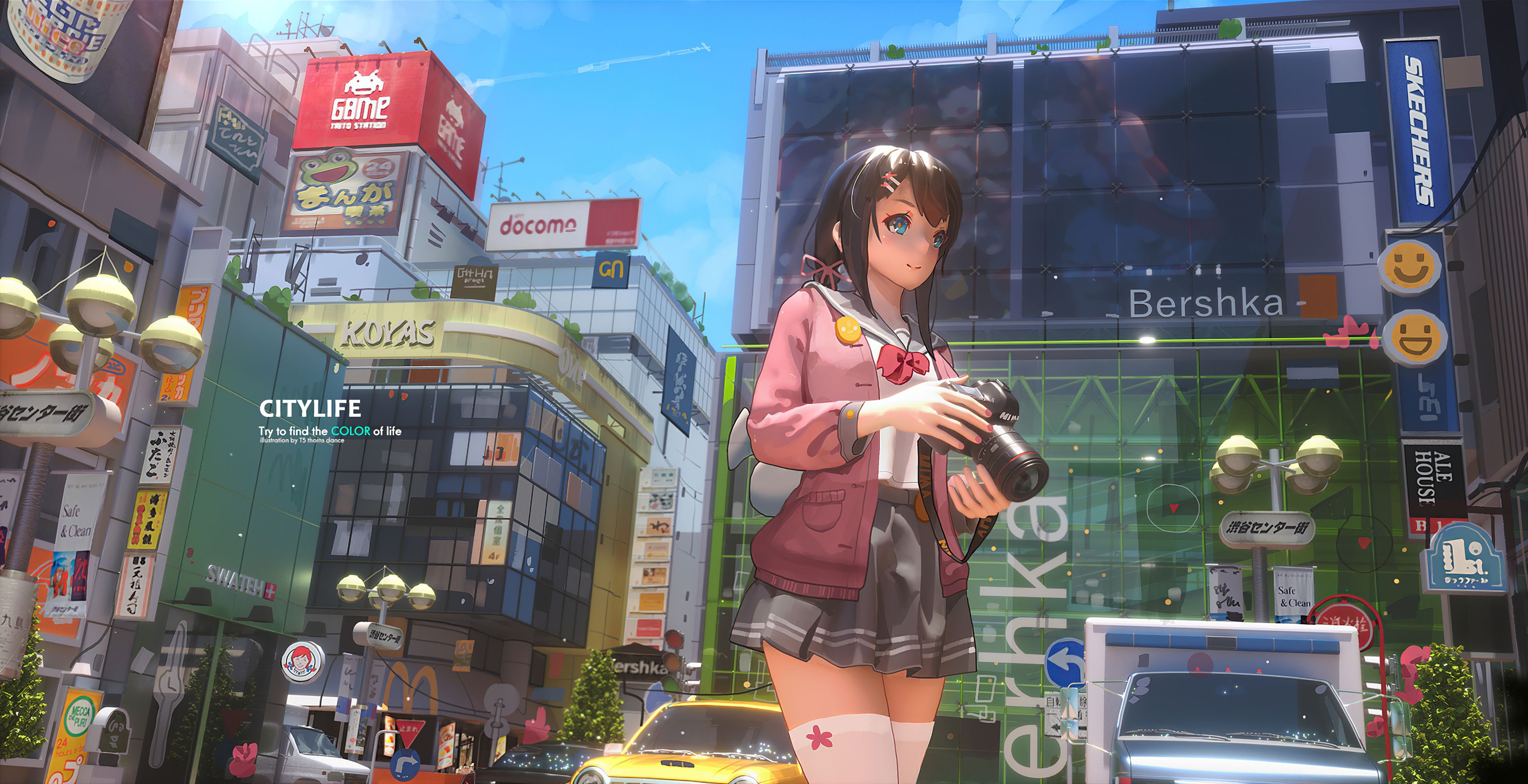 3840x1980 Anime Girl With Camera City Life 4k, HD Anime, 4k Wallpaper, Image, Background, Photo and Picture, Desktop