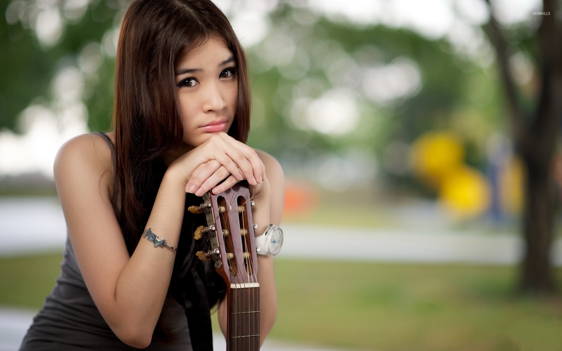 1920x1200 Sad asian girl with a guitar wallpaper wallpaper, Desktop