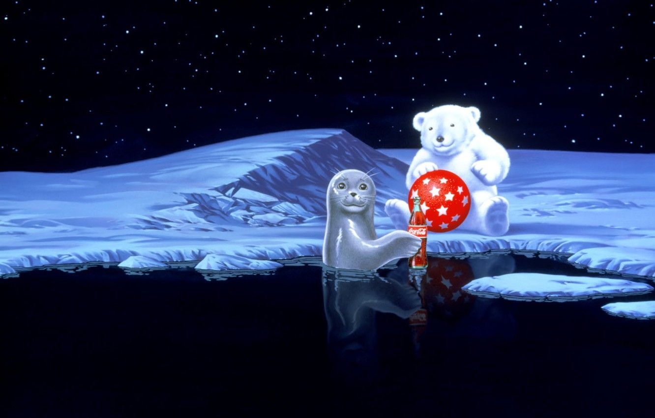 1340x850 Wallpaper Water, Stars, Snow, Red, The Ball, Seal, Bear, Coca Cola, Seal, Winter, Coca Cola, Snow, New Year, Holiday, Polar, Polar Bear Image For Desktop, Section праздники, Desktop