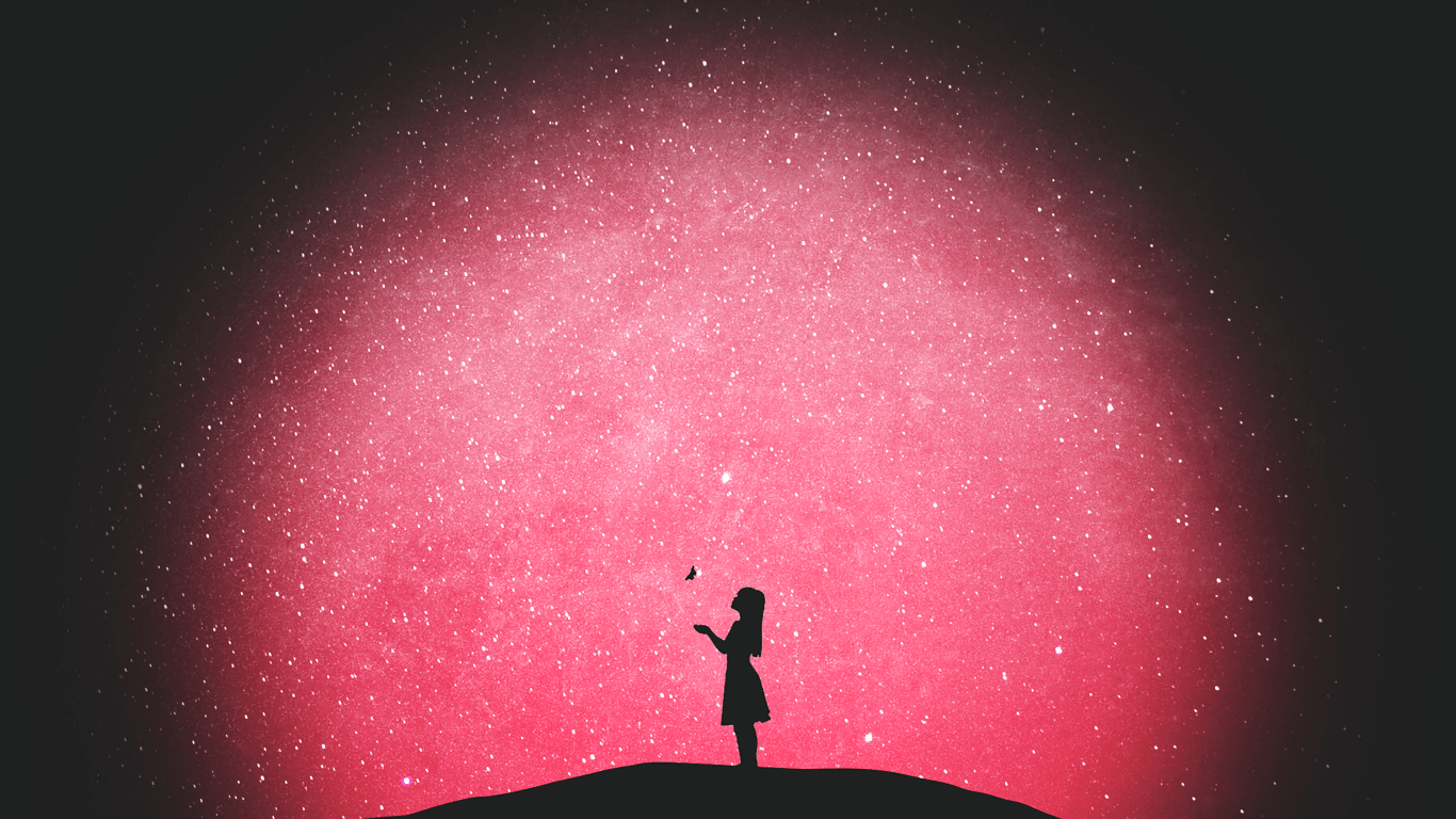 1370x770 Download  Lonely Girl, Pink Sky, Stars, Night, Desktop