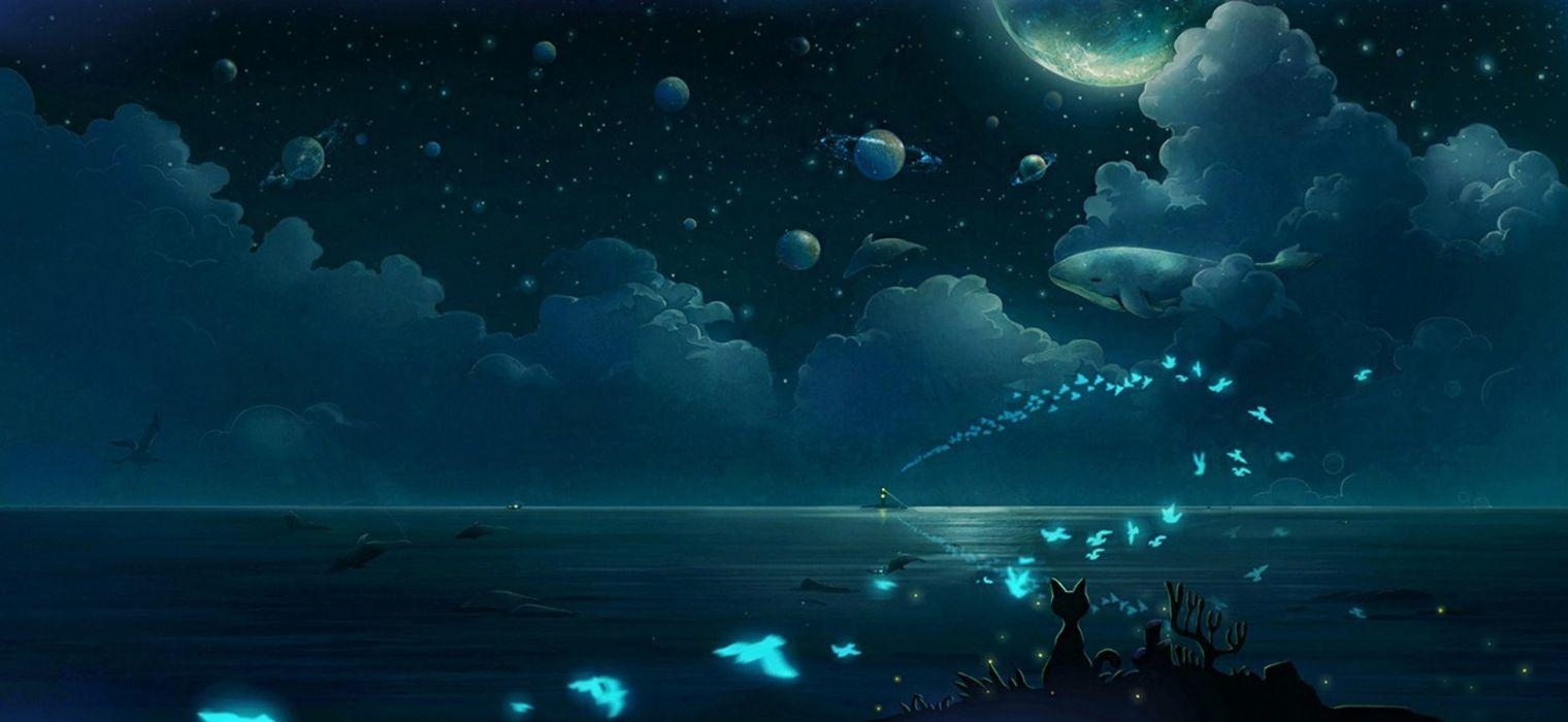 1520x700 Butterfly clouds night anime fantasy wallpaperx900, Dual Screen