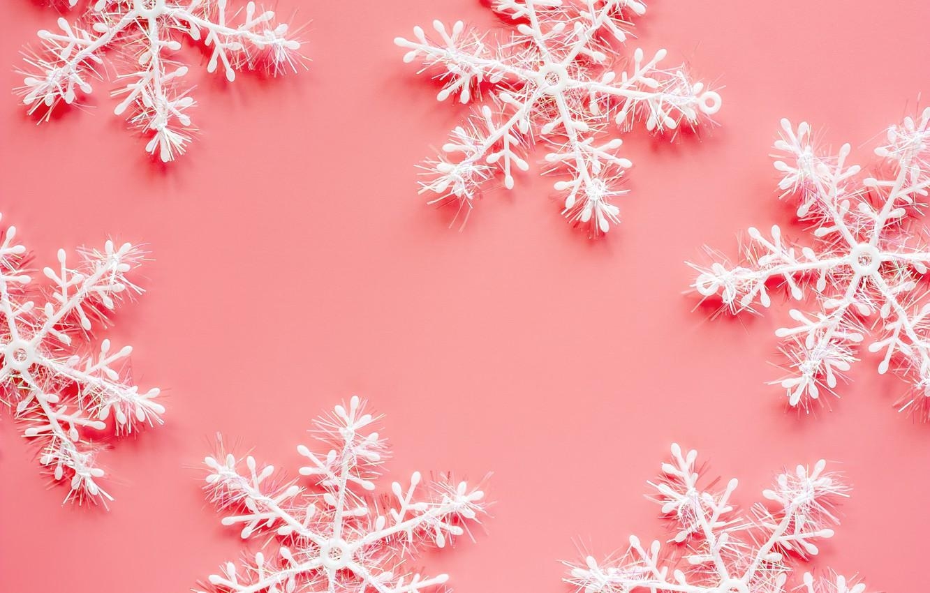 1340x850 Wallpaper winter, snowflakes, background, pink, Christmas, pink, Desktop