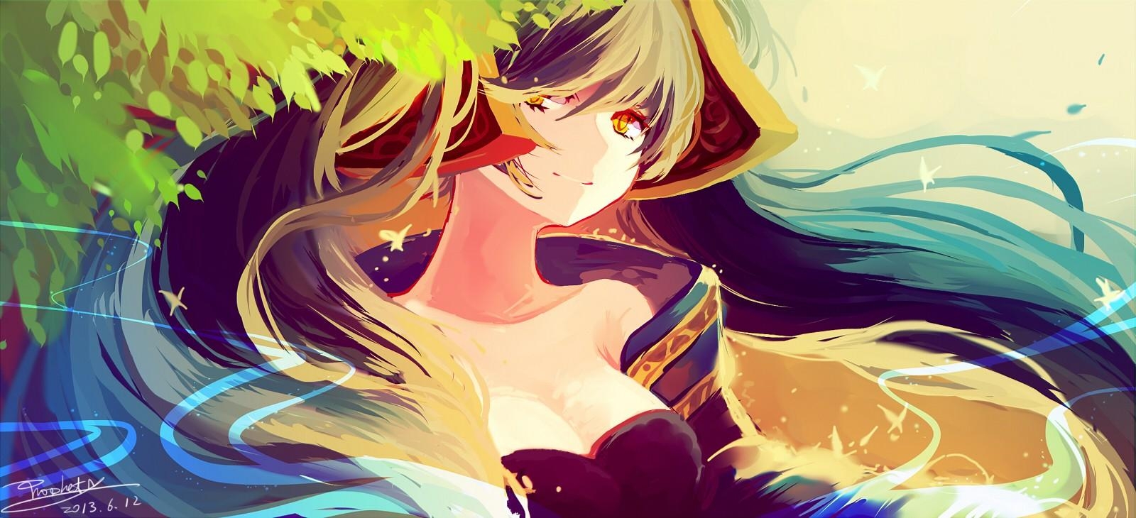 1600x730 paintings, leaves, League of Legends, long hair, prophet, Sona, Dual Screen