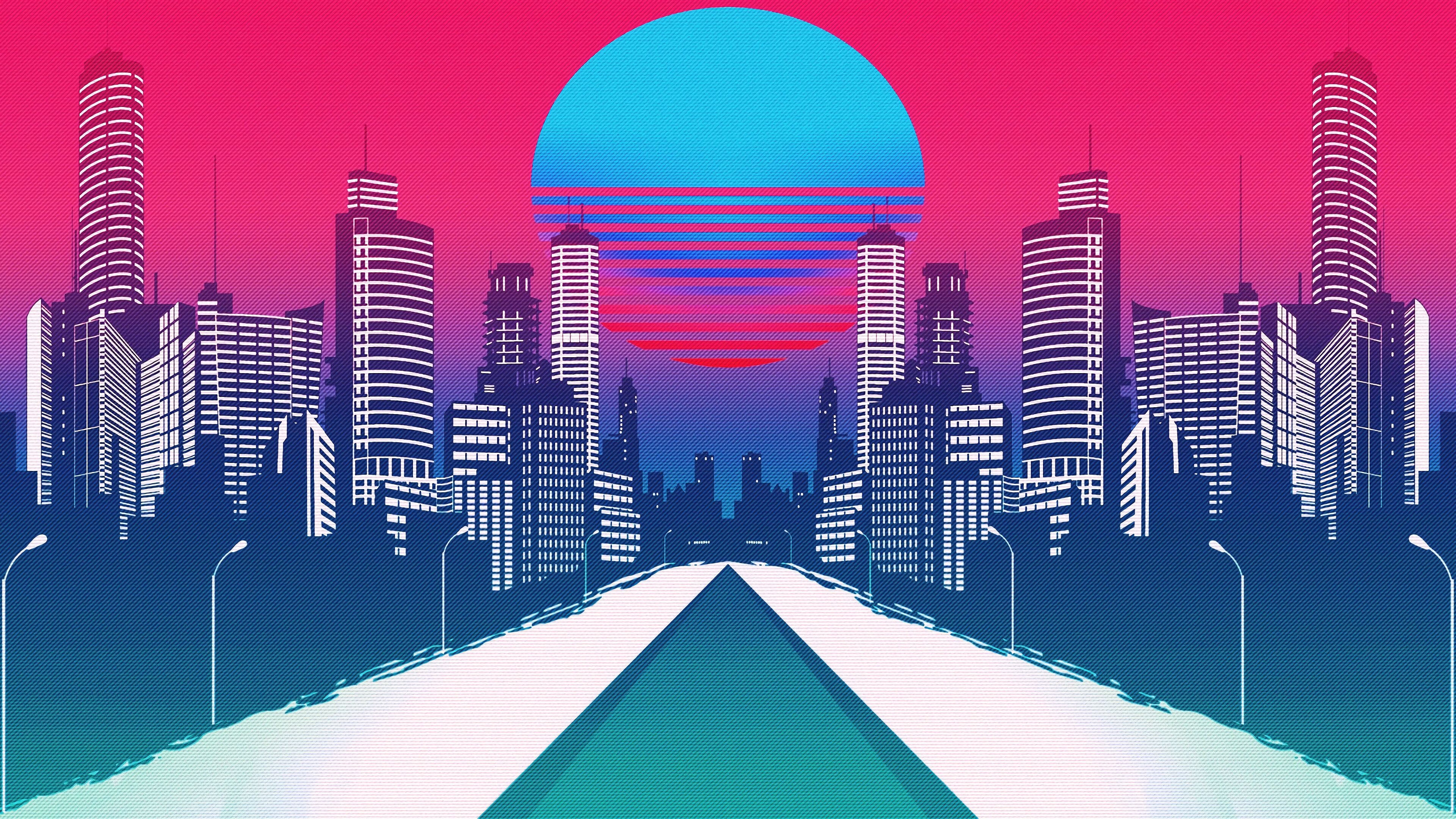 3840x2160 Minimalist, Neon, City, Landscape, Digital Art, 4K wallpaper HD Wallpaper, Desktop