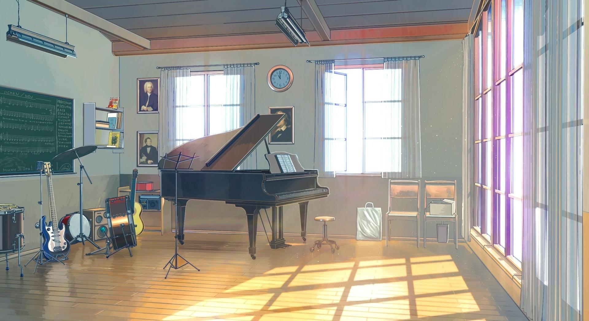 1920x1050 Download  Anime Classroom, Piano, Instruments, Sunlight, Desktop