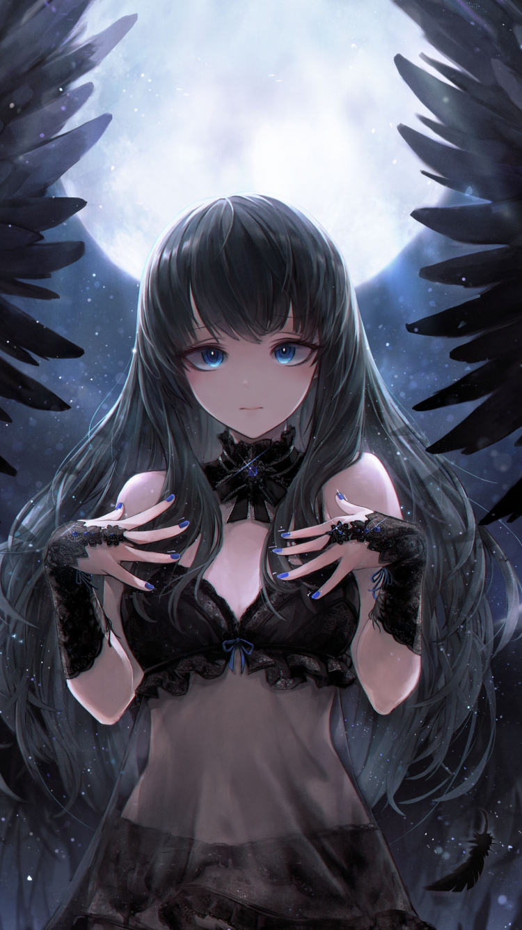 750x1340 Download black angel, cute, anime girl, art  wallpaper, iphone iphone  HD image, background, 15859, Phone