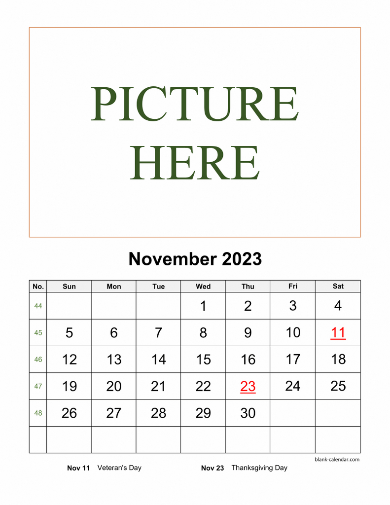 800x1030 Free Download Printable November 2023 Calendar, picture can be placed, Phone