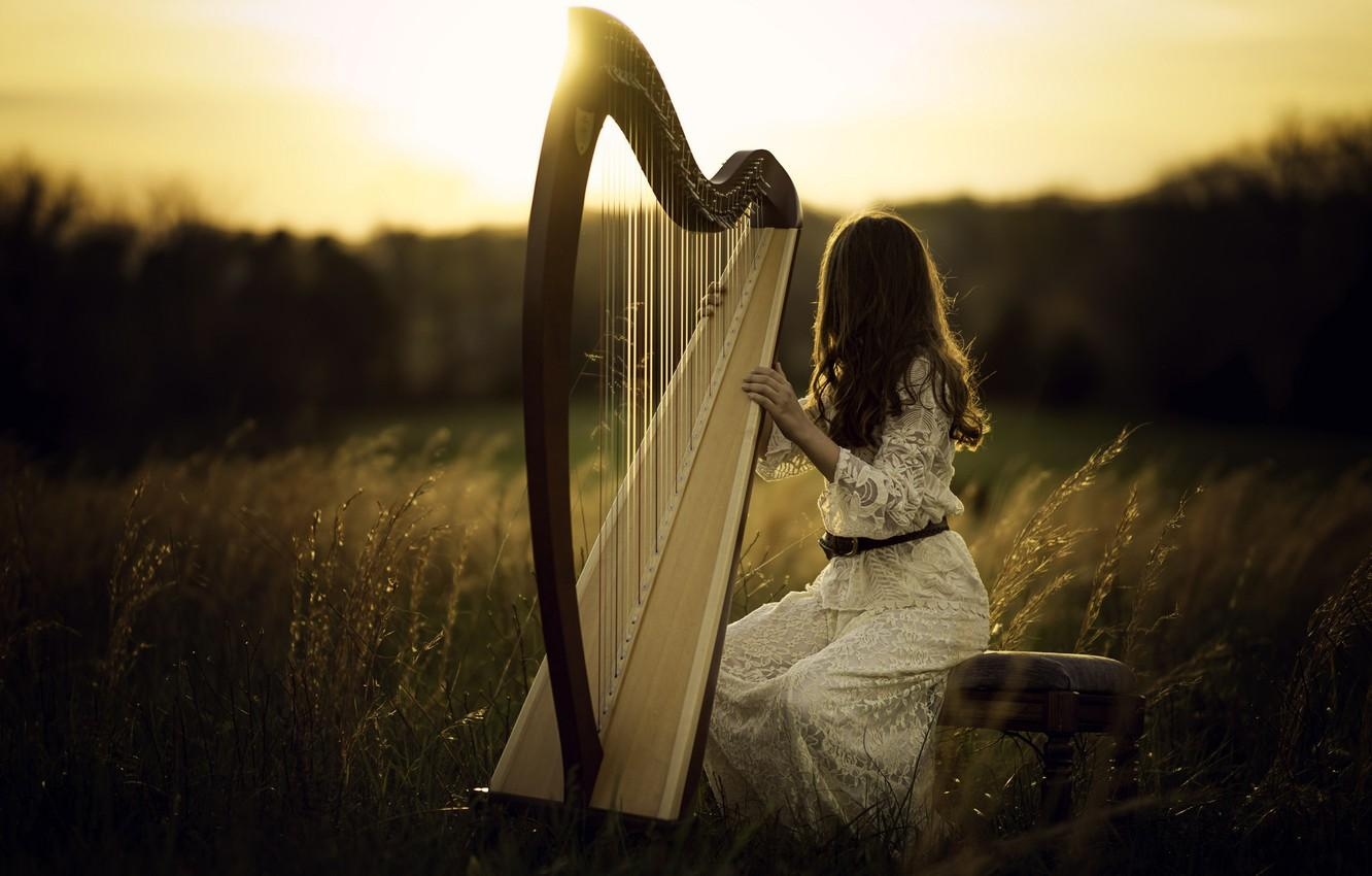 1340x850 Wallpaper girl, light, harp image for desktop, section музыка, Desktop