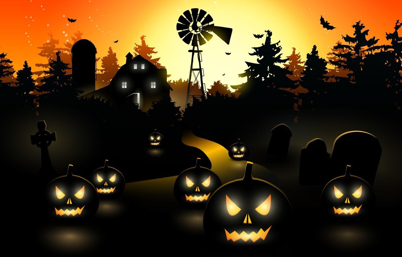 1340x850 Wallpaper trees, vector, vector, pumpkin, bat, horror, horror, trees, Desktop