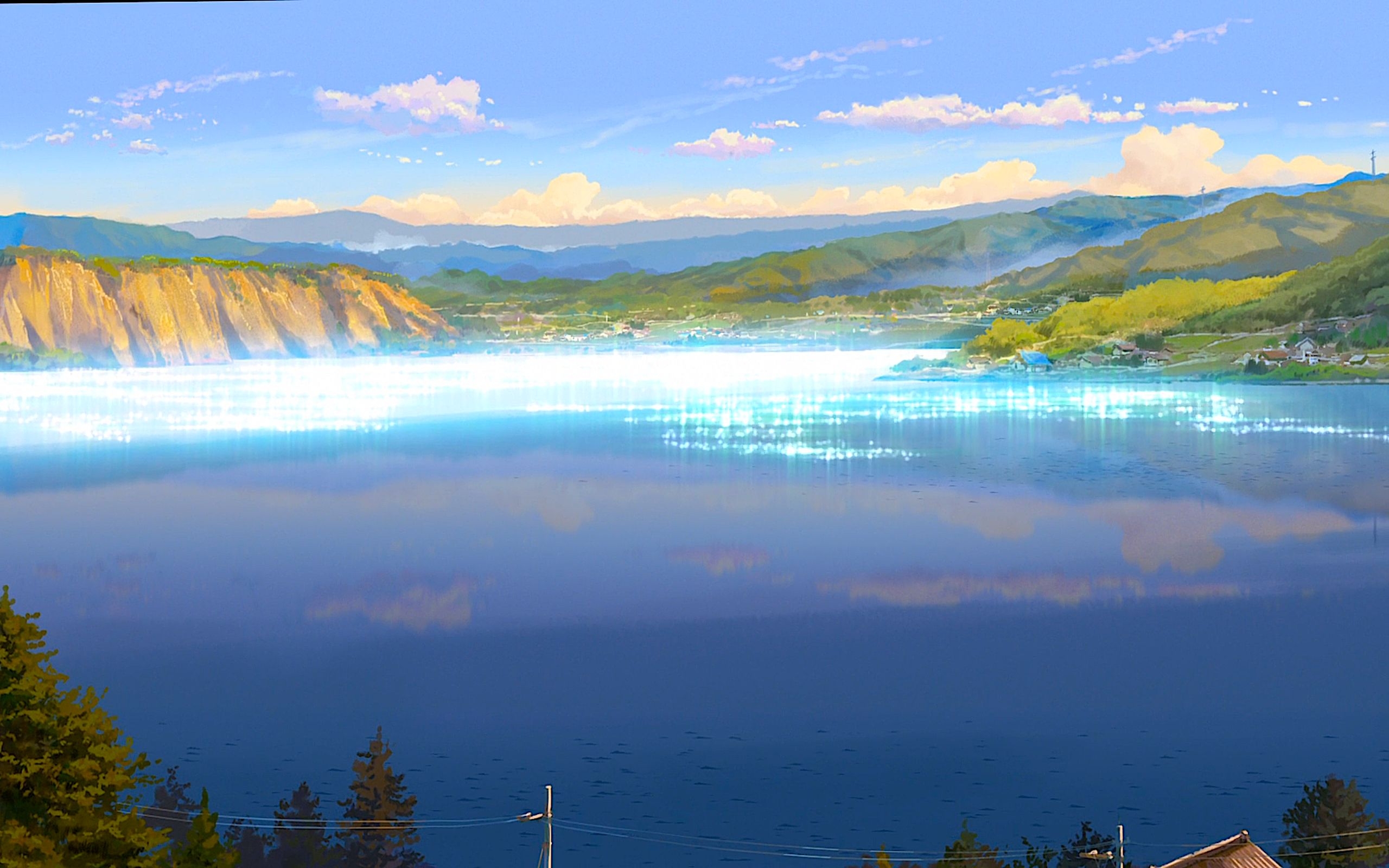 2560x1600 HD desktop wallpaper: Anime, Lake, Town, Desktop