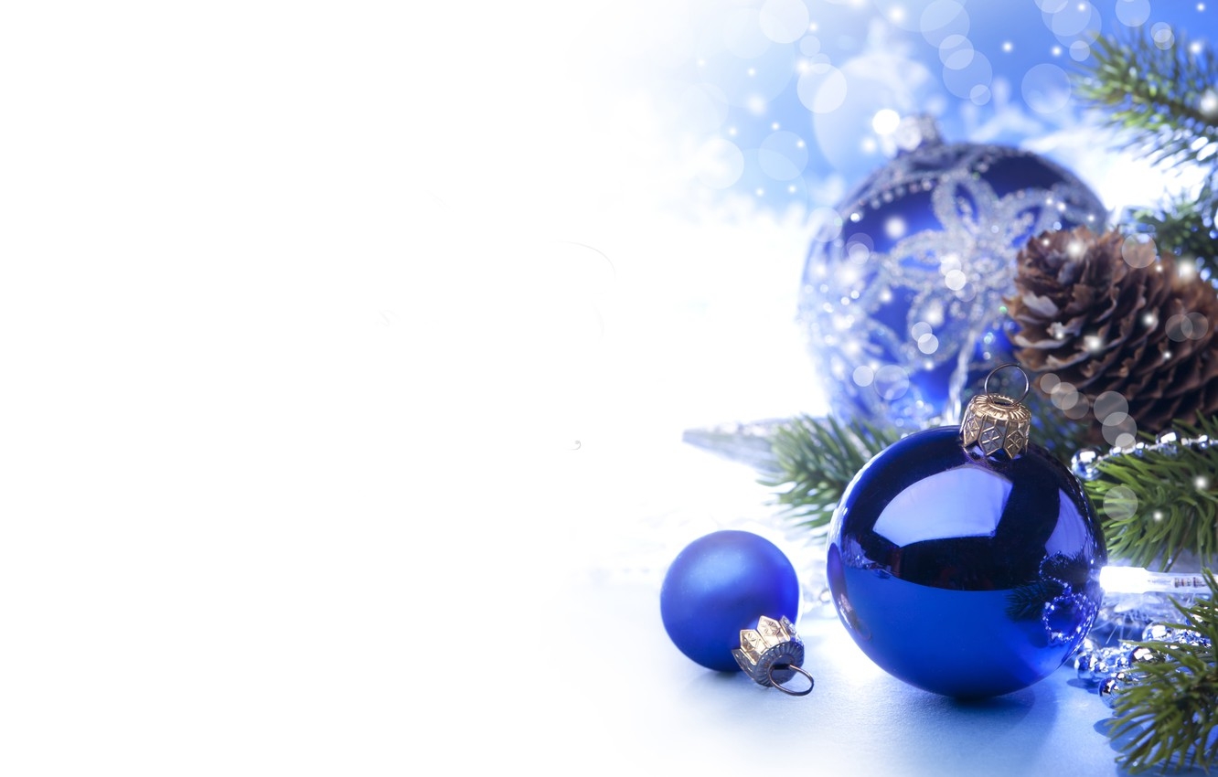 1340x850 Wallpaper stars, balls, branches, balls, toys, tree, New Year, Christmas, white, Christmas, bumps, blue, blue background, New Year, silver, Christmas image for desktop, section новый год, Desktop