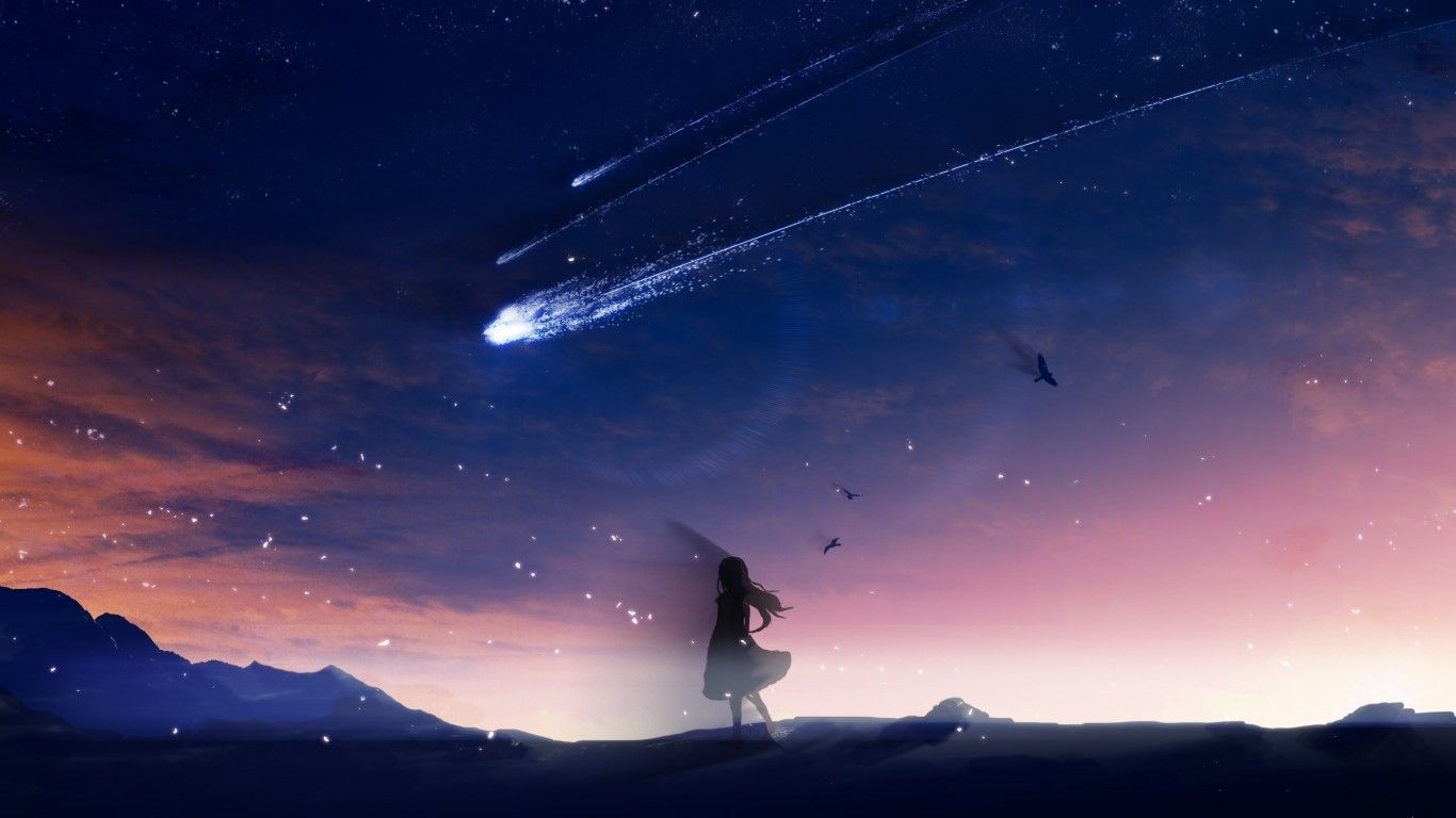 1370x770 Download  Anime Girl, Falling Stars, Scenic, Birds, Sky, Landscape Wallpaper for Laptop, Notebook, Desktop