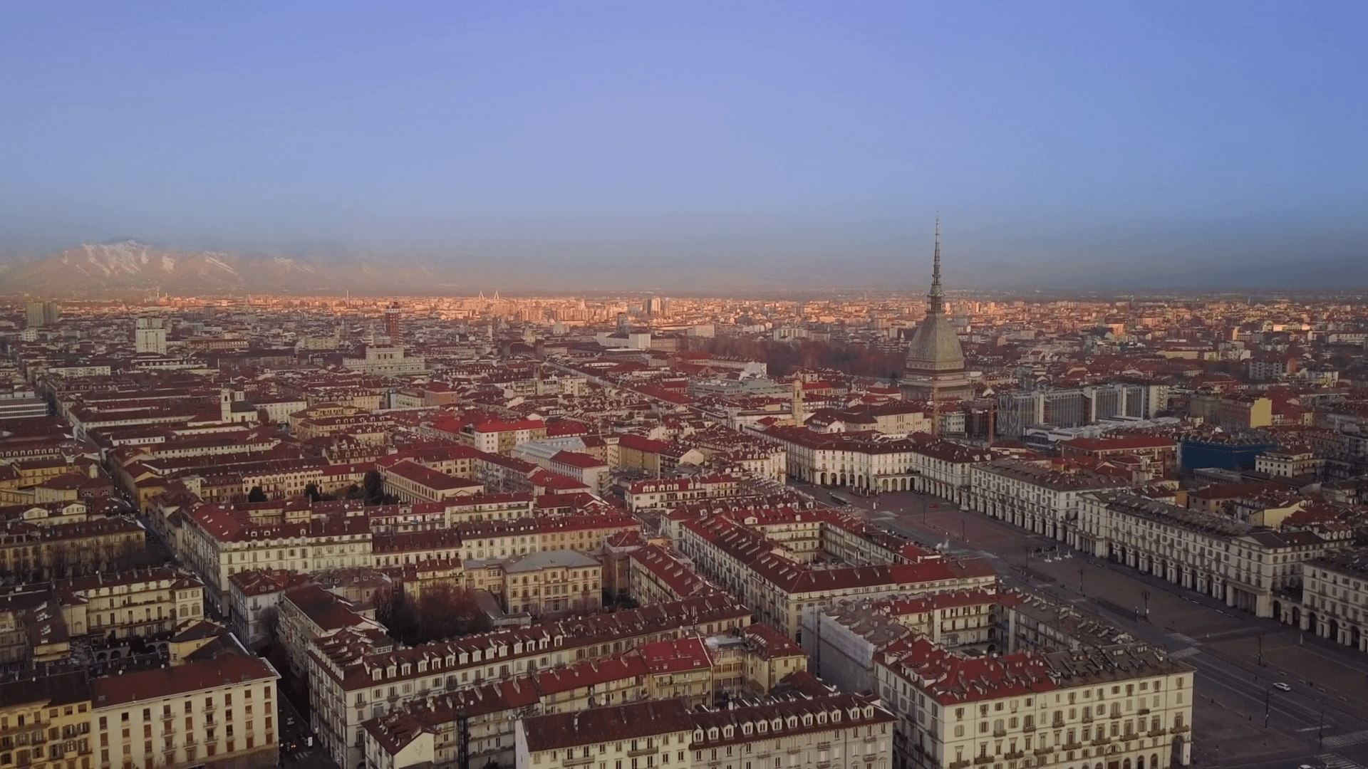 1920x1080 aerial drone flying over turin city center at sunrise Stock Video, Desktop